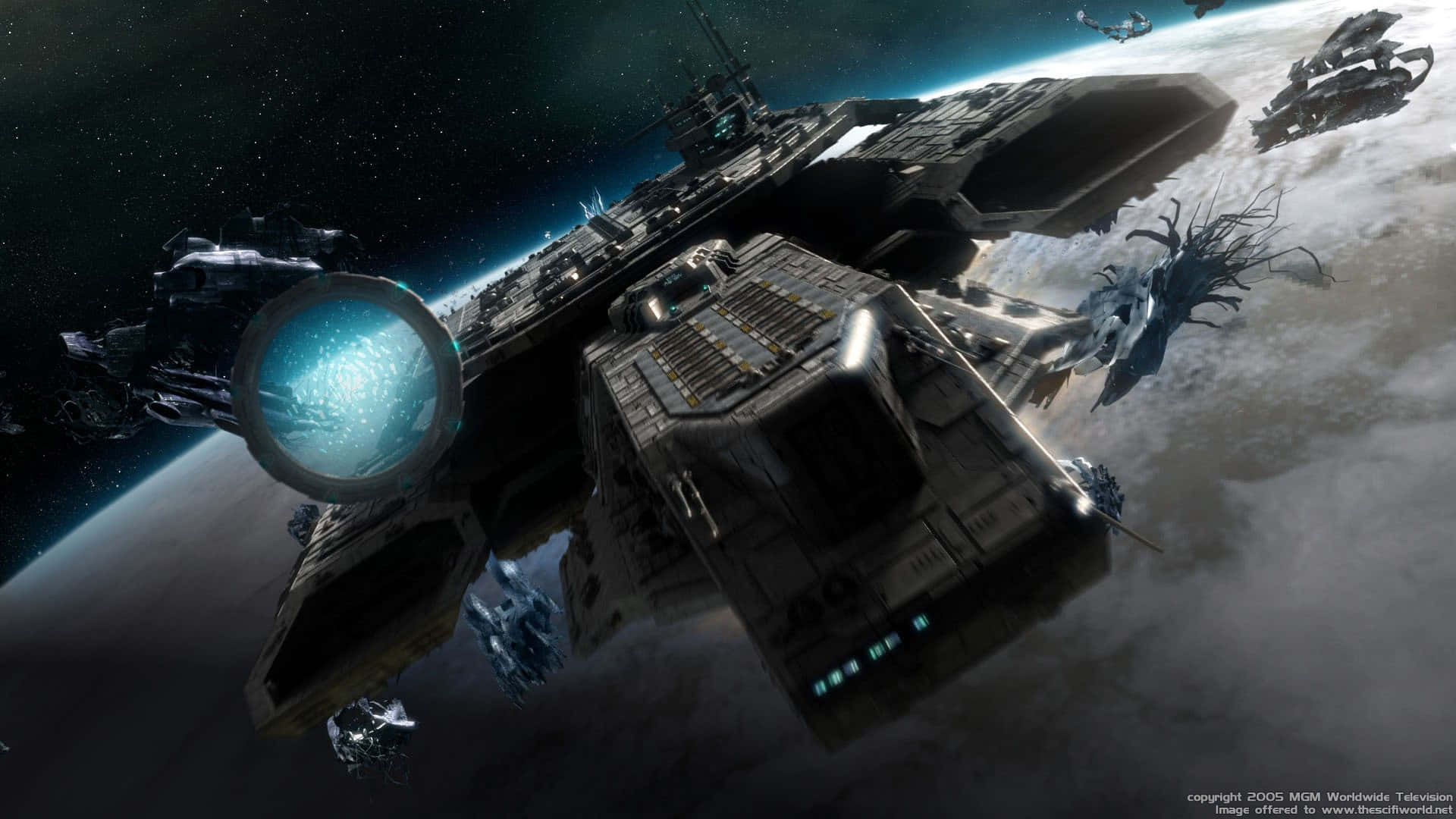 未來戰艦在星球大氣層上方進行戰鬥。