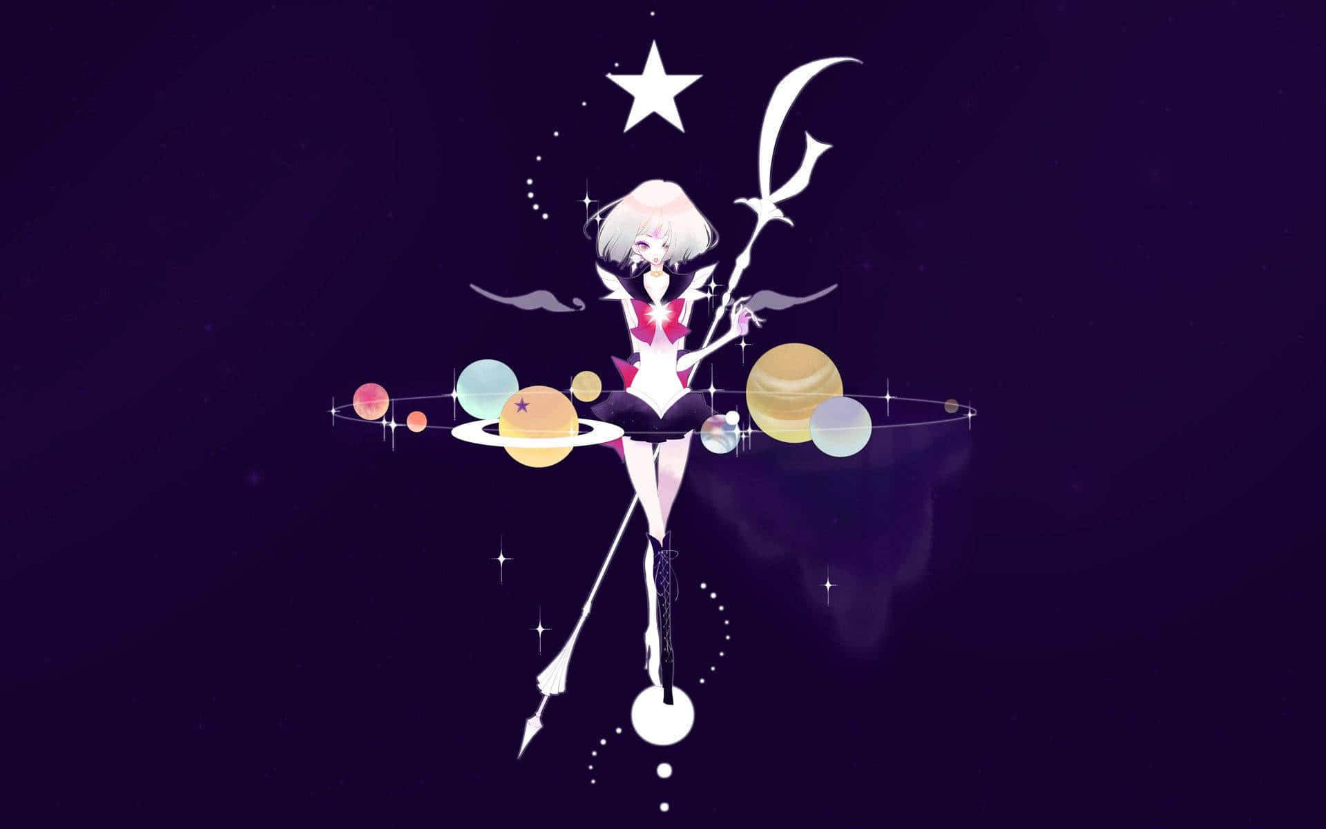 白髮動漫女孩手持新月法杖，被太空中的行星和星星環繞。