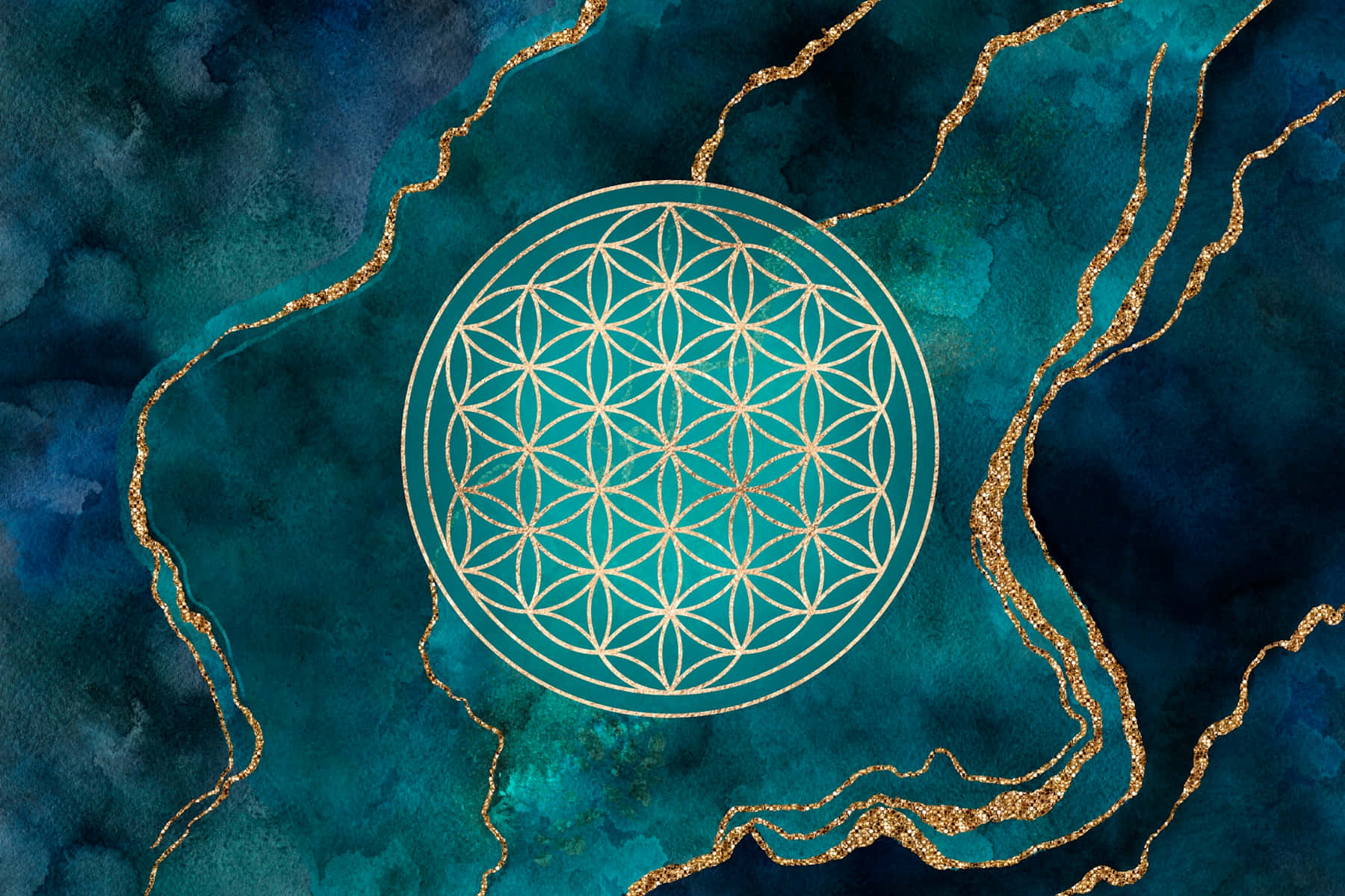 金色生命之花符號在藍綠色水彩背景上帶有金色紋理。