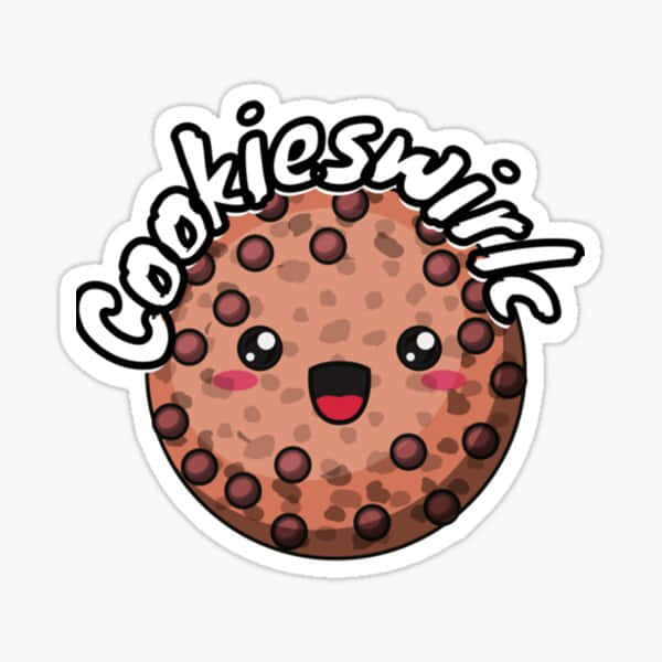 一個微笑的卡通曲奇，有朱古力粒和文字 Cookieswirl。