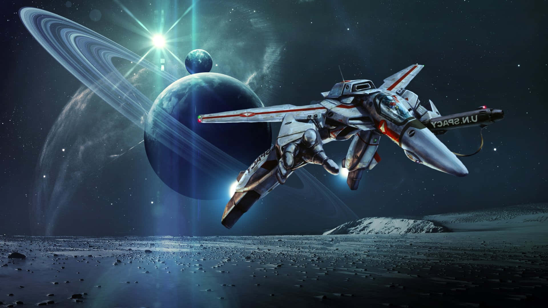 未來太空船在外星衛星上空飛越，靠近帶光環的行星