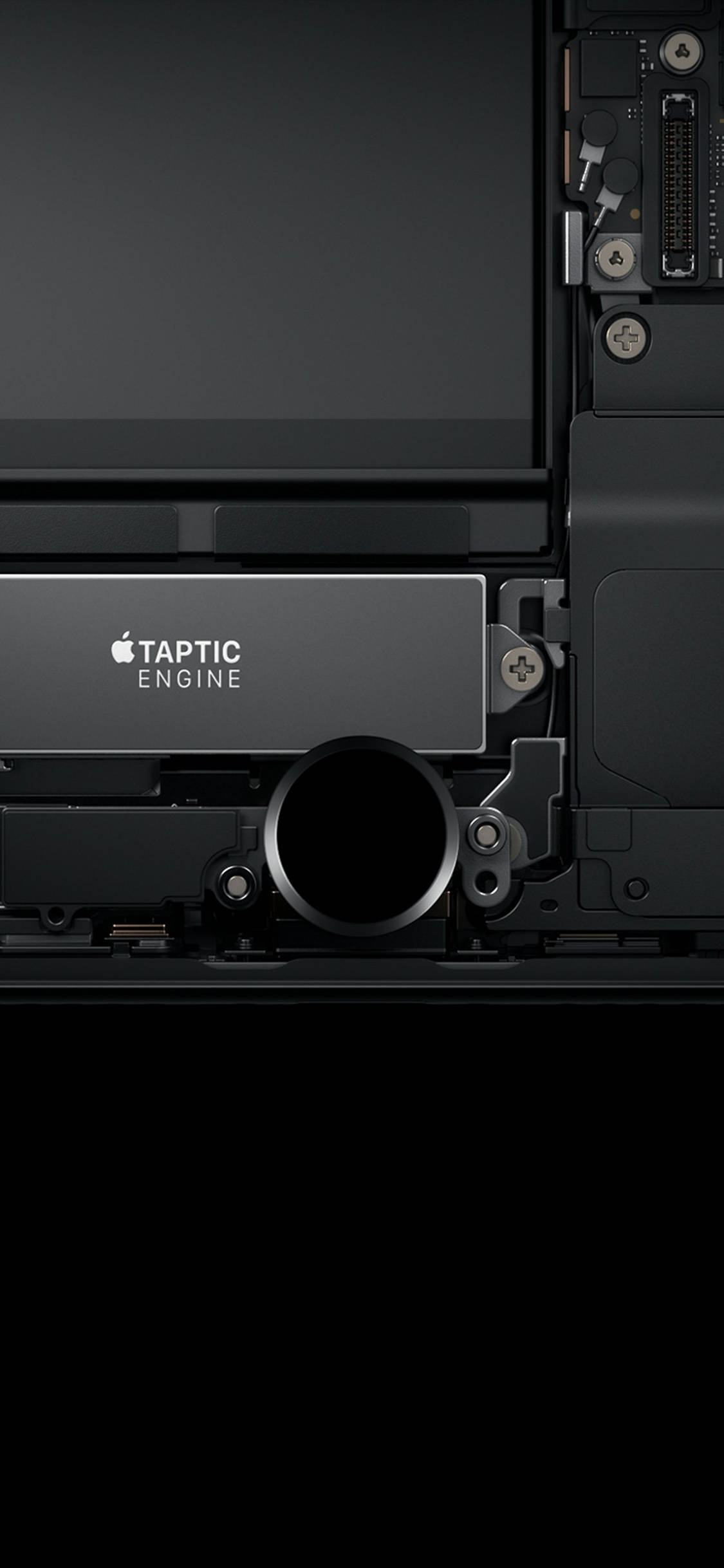 觸控引擎極簡暗黑 iPhone 壁紙 — 黑色iPhone內部特寫，展示Taptic Engine及精密設計的組件。