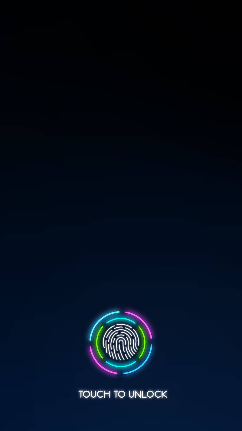 深色背景上帶有 touch to unlock 文字的霓虹指紋掃描器