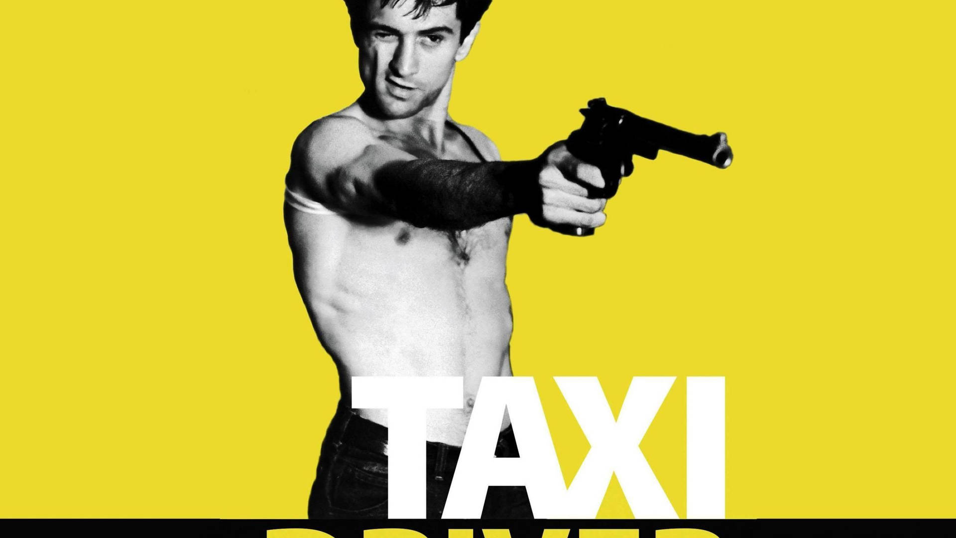 一個赤裸上身的男子瞄準手槍，背景為黃色並帶有「TAXI DRIVER」文字。