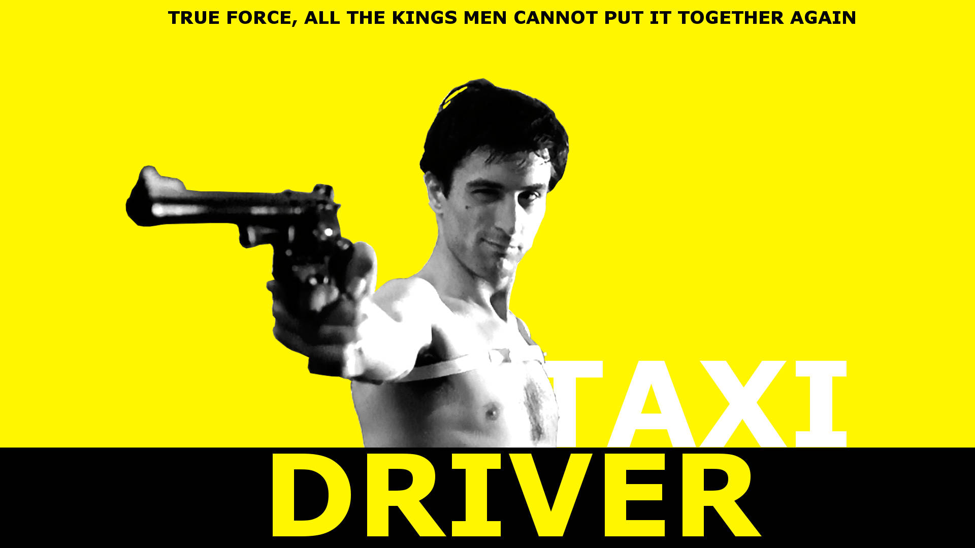 一個赤膊嘅男人揸住槍，上面有粗體黃色同黑色文字寫住 Taxi Driver。