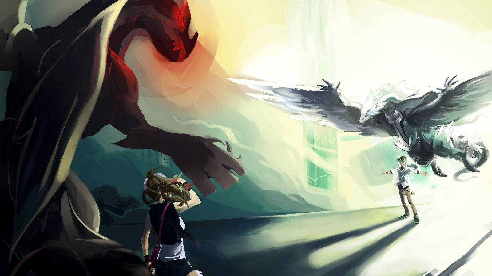訓練家與 Zekrom 與 Reshiram 對戰 壁紙 — 兩條巨龍——一條紅色和一條白色——在發光的競技場中對峙，下方有兩個小人影準備就緒。