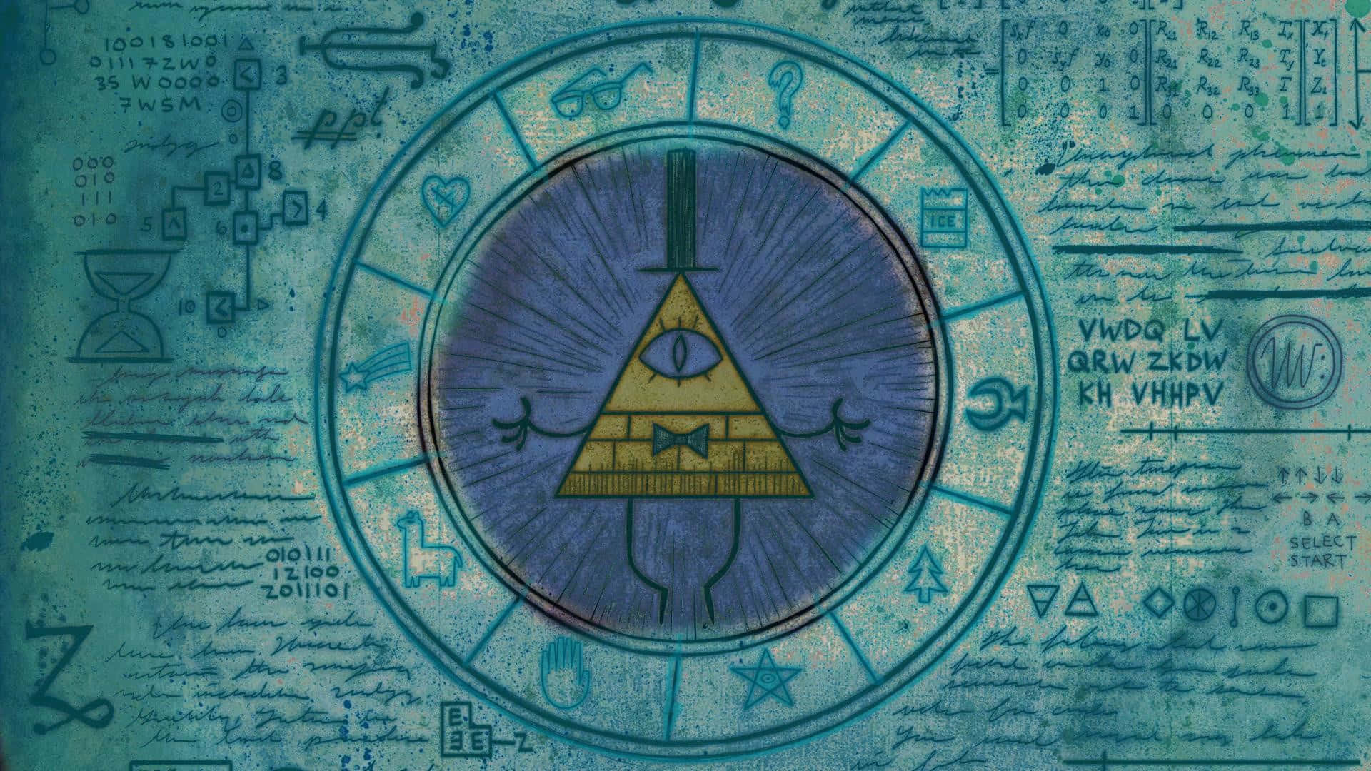 神秘金字塔，中央有眼睛，周圍環繞著神秘符號和手寫筆記。