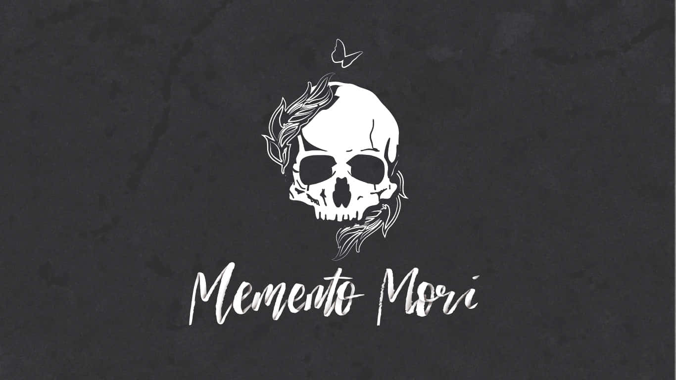 深灰色背景上的白色頭骨，帶有月桂葉、蝴蝶和 Memento Mori 文字。