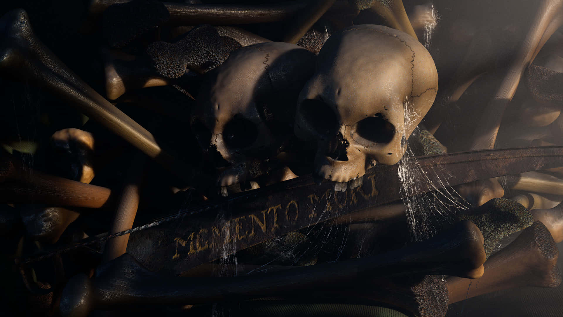 兩個頭骨藏在骨頭之間，一塊寫著「Memento Mori」的牌匾被蜘蛛網覆蓋。