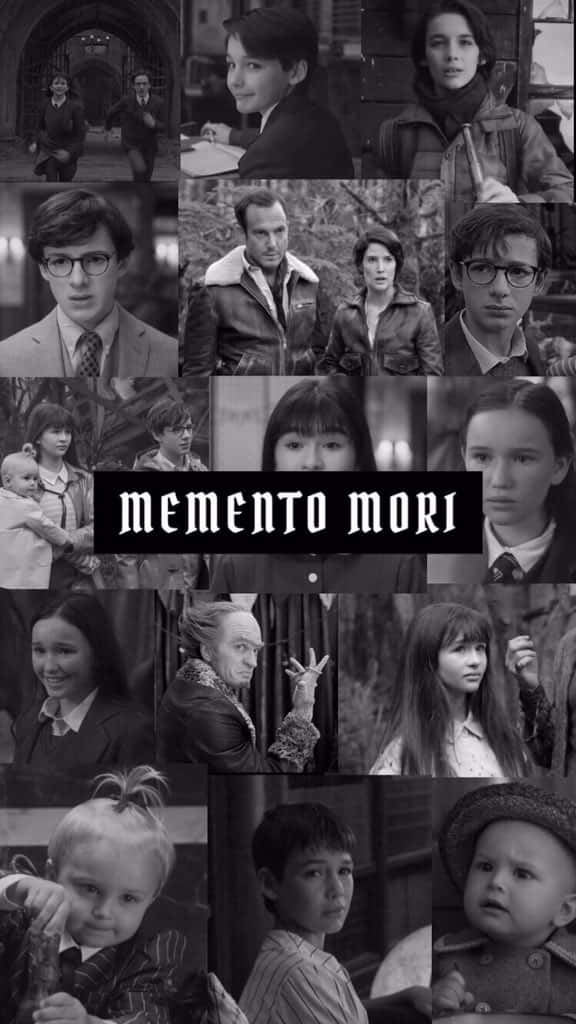 電影角色的黑白拼貼，帶有「memento mori」文字。