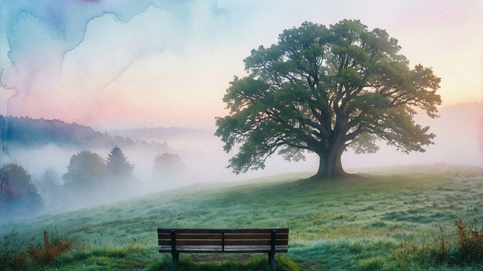 草地上木凳面向大樹，在霧氣瀰漫的黎明景觀中