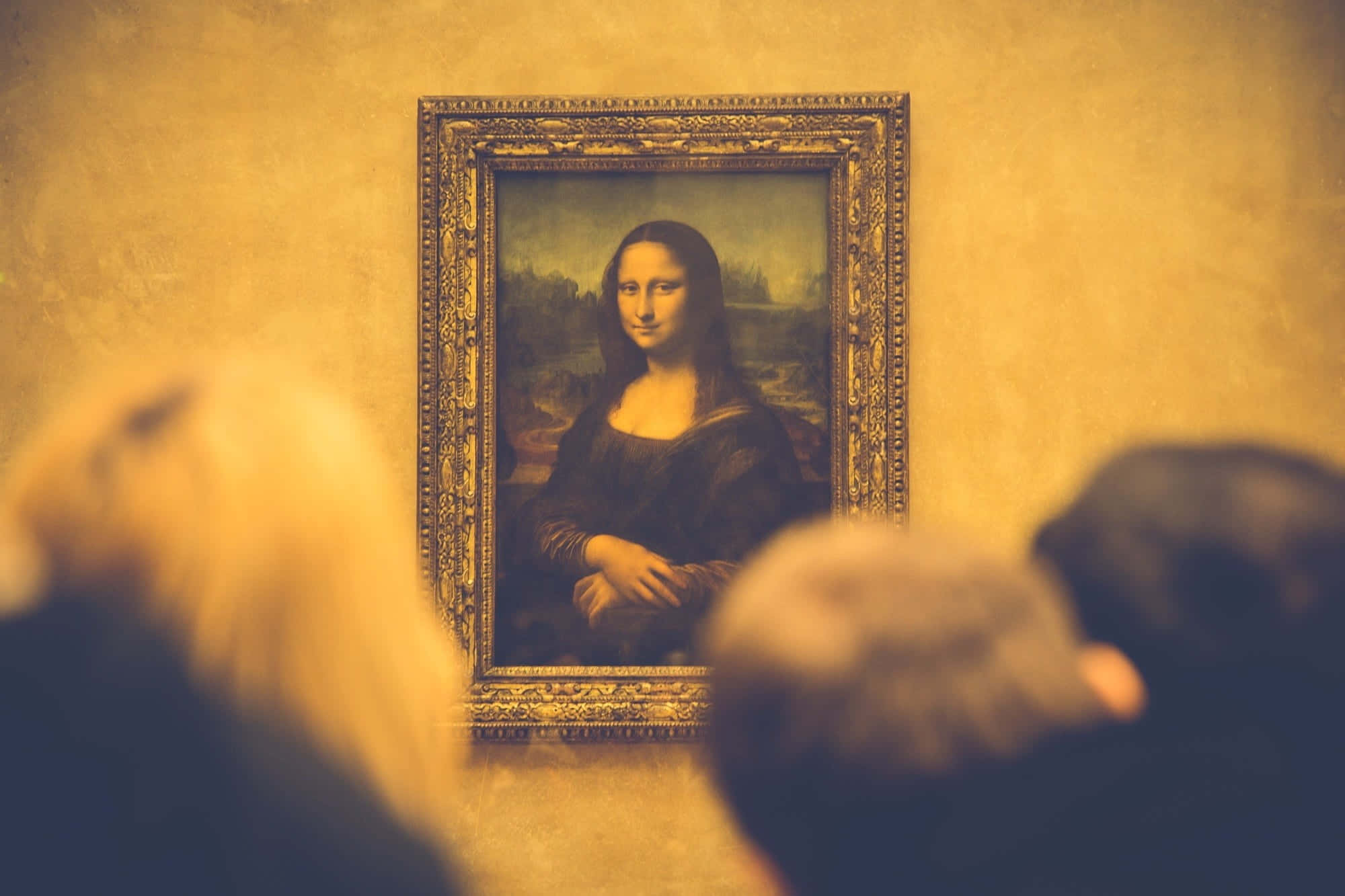 Mona Lisa 桌布 壁紙 — 訪客在溫暖的畫廊燈光下觀察裝飾畫框中的蒙娜麗莎，前景有模糊的頭部。