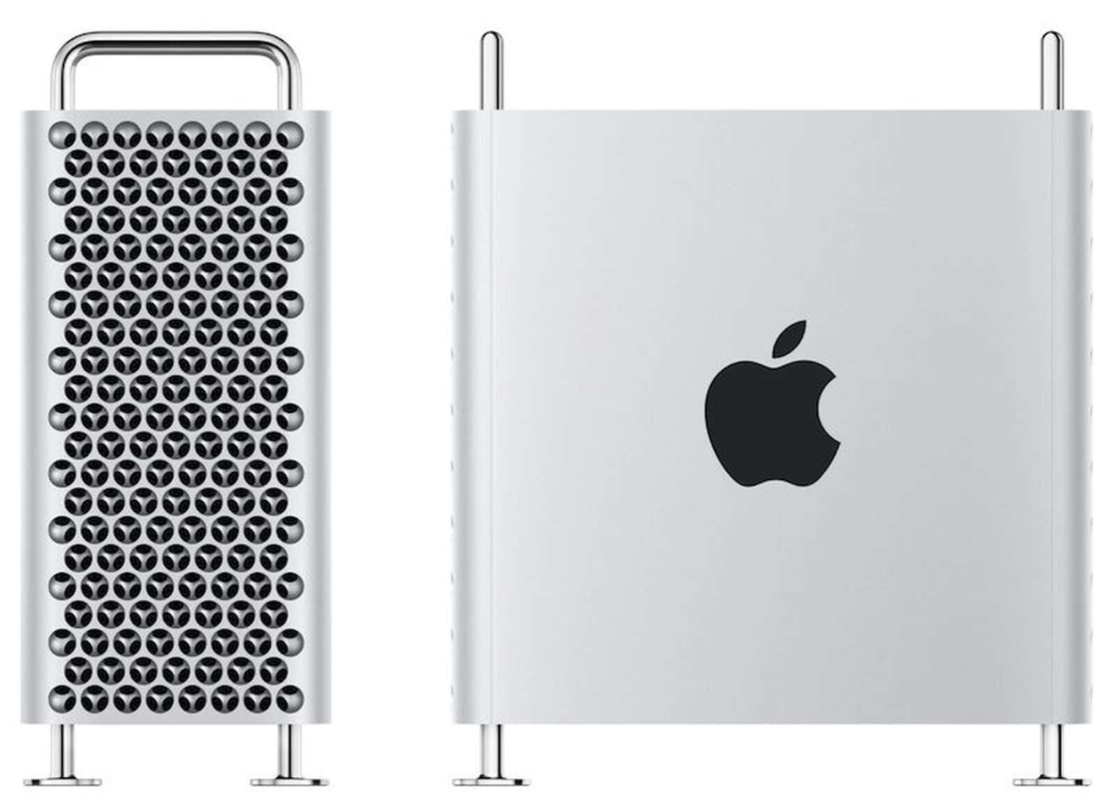 兩部銀色 Apple Mac Pro 電腦正面和背面展示。