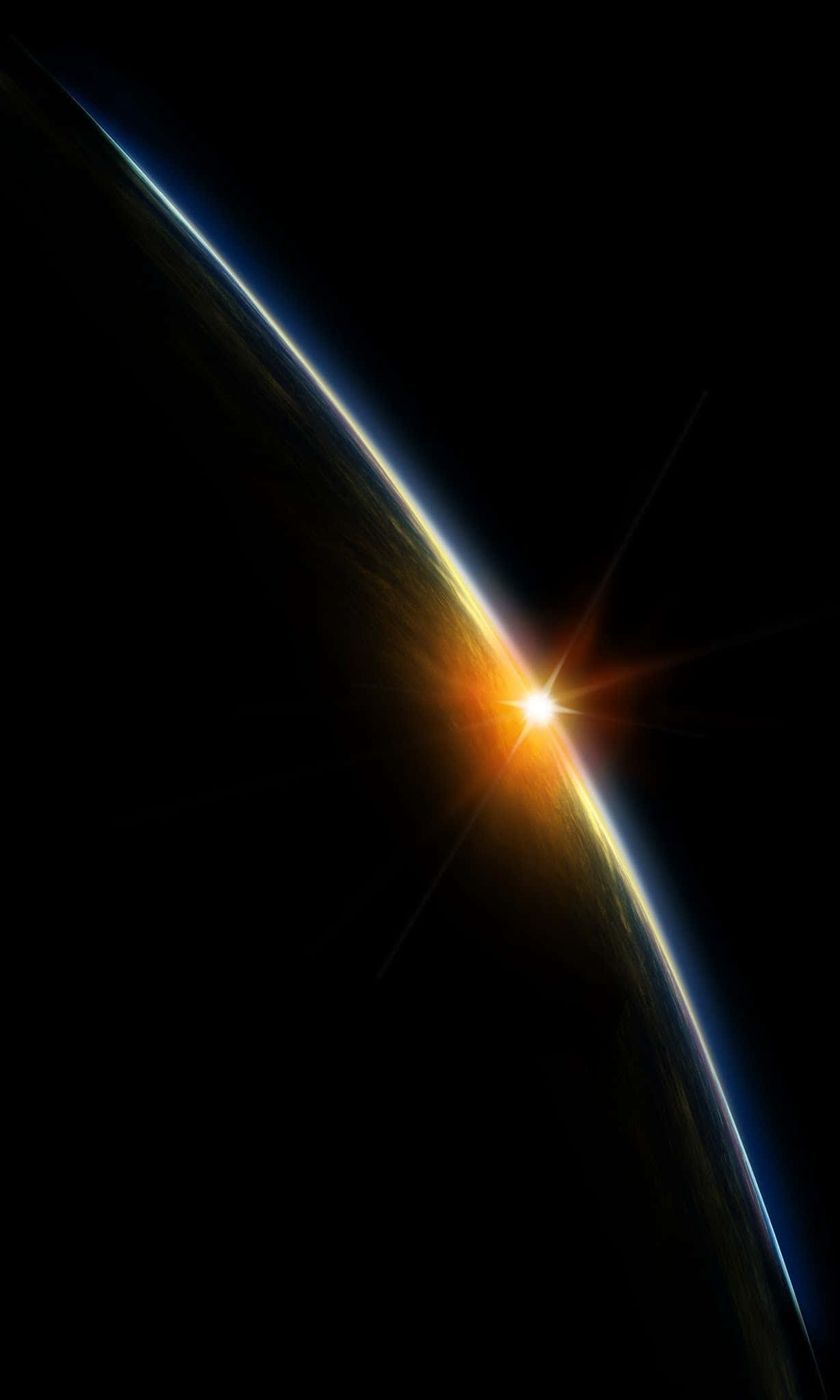 設計完美，OLED科技無與倫比 壁紙 — 一顆發光的太陽在行星的彎曲地平線上升起，在太空的黑色虛空中投射出金色和藍色的大氣光芒。