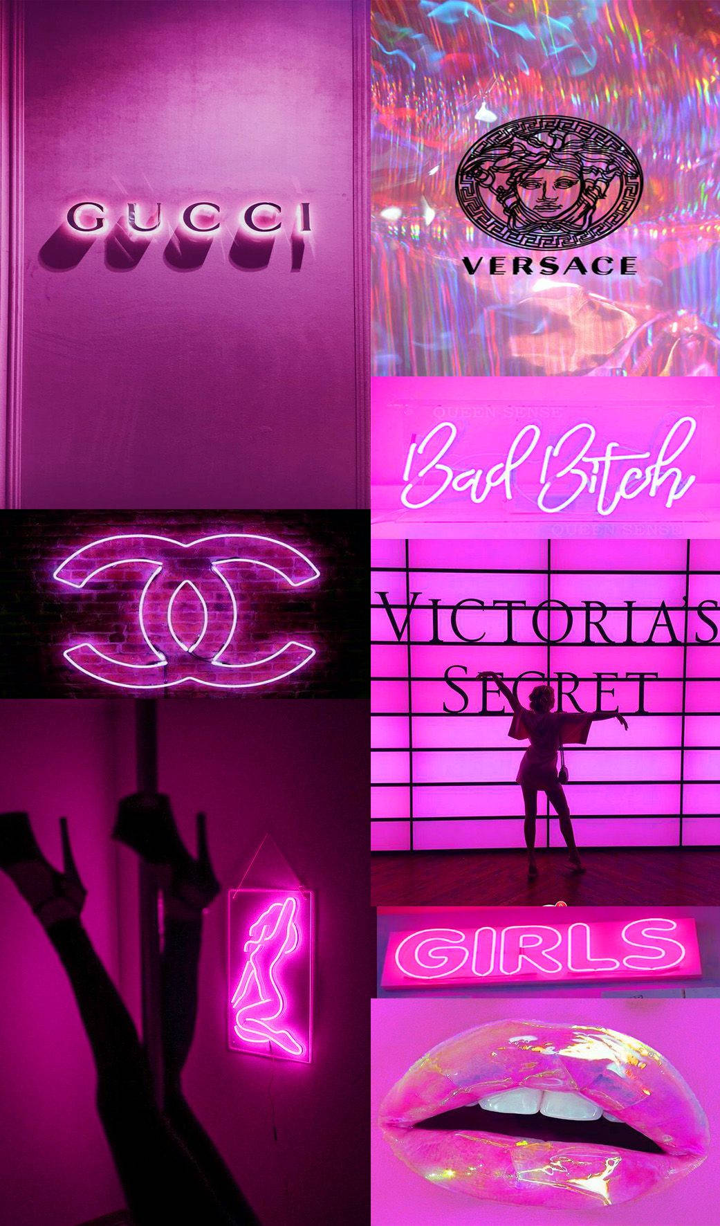 粉紅色霓虹燈牌，展示Gucci Versace Chanel Victoria's Secret 和 Girls，附有嘴唇和剪影。