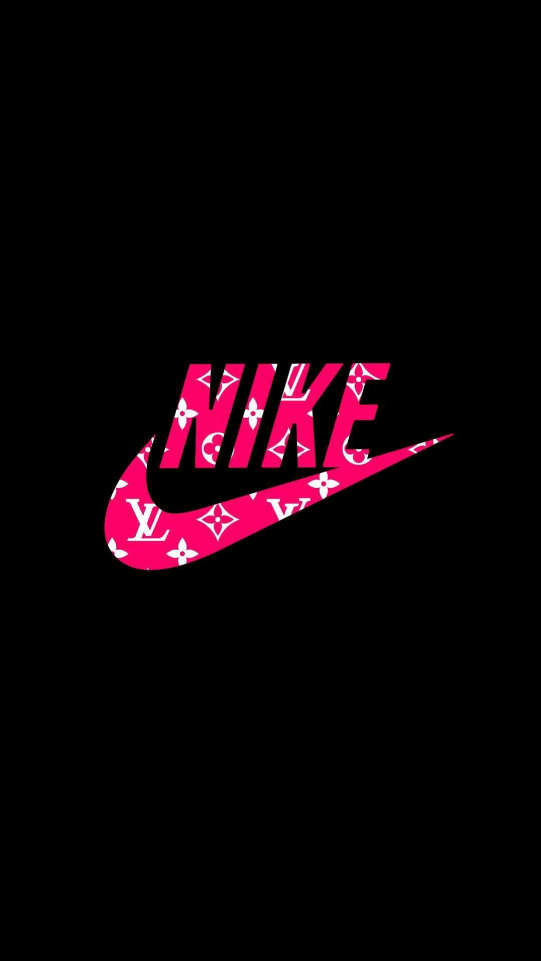 設計師美學的迷人藝術 壁紙 — 在純黑色背景上，一個大膽的粉紅色Nike勾勾和標誌，裡面填滿了白色的Louis Vuitton monogram圖案。