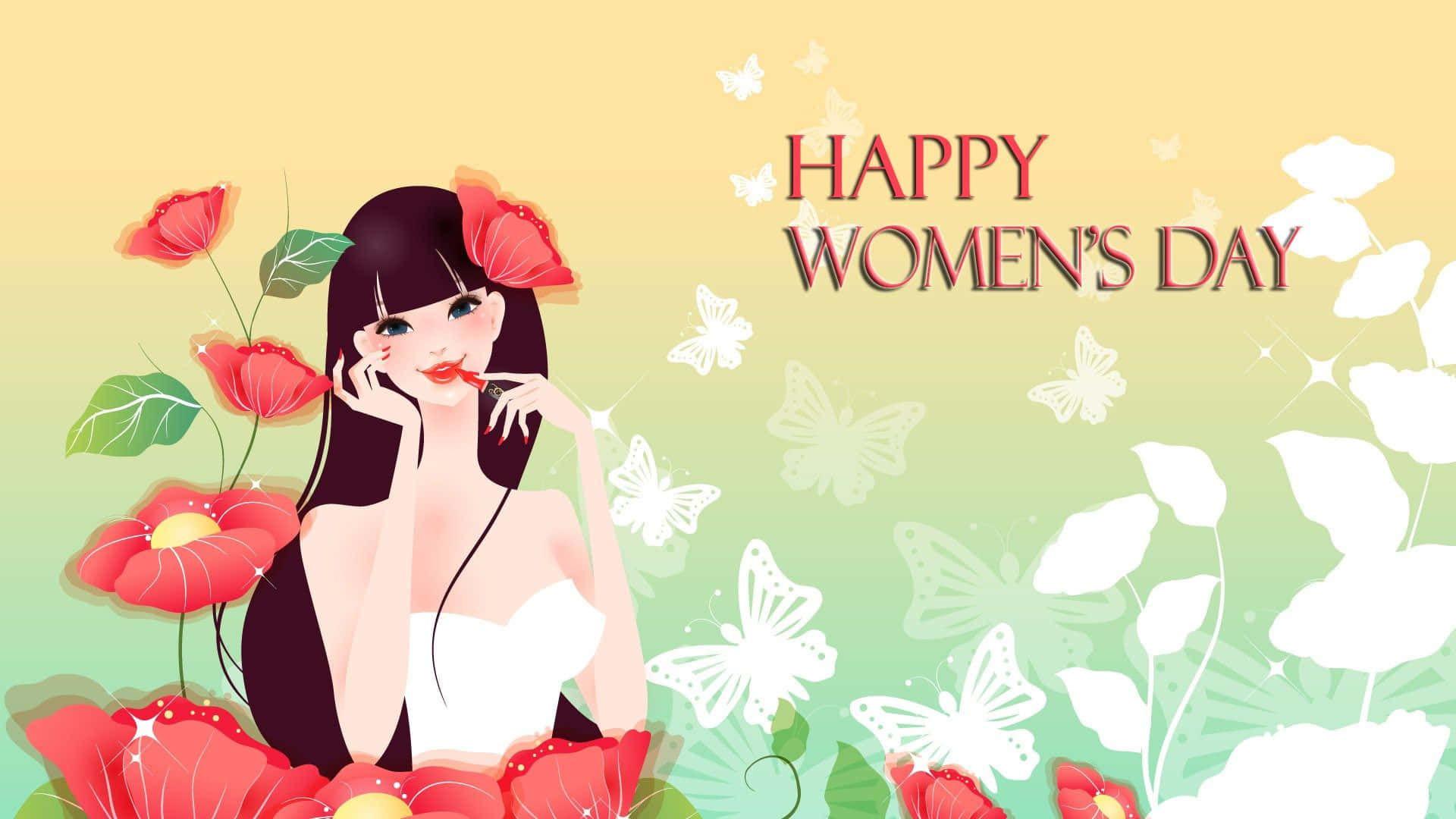 快樂婦女節插畫，有微笑的女性、紅色花朵和白色蝴蝶。
