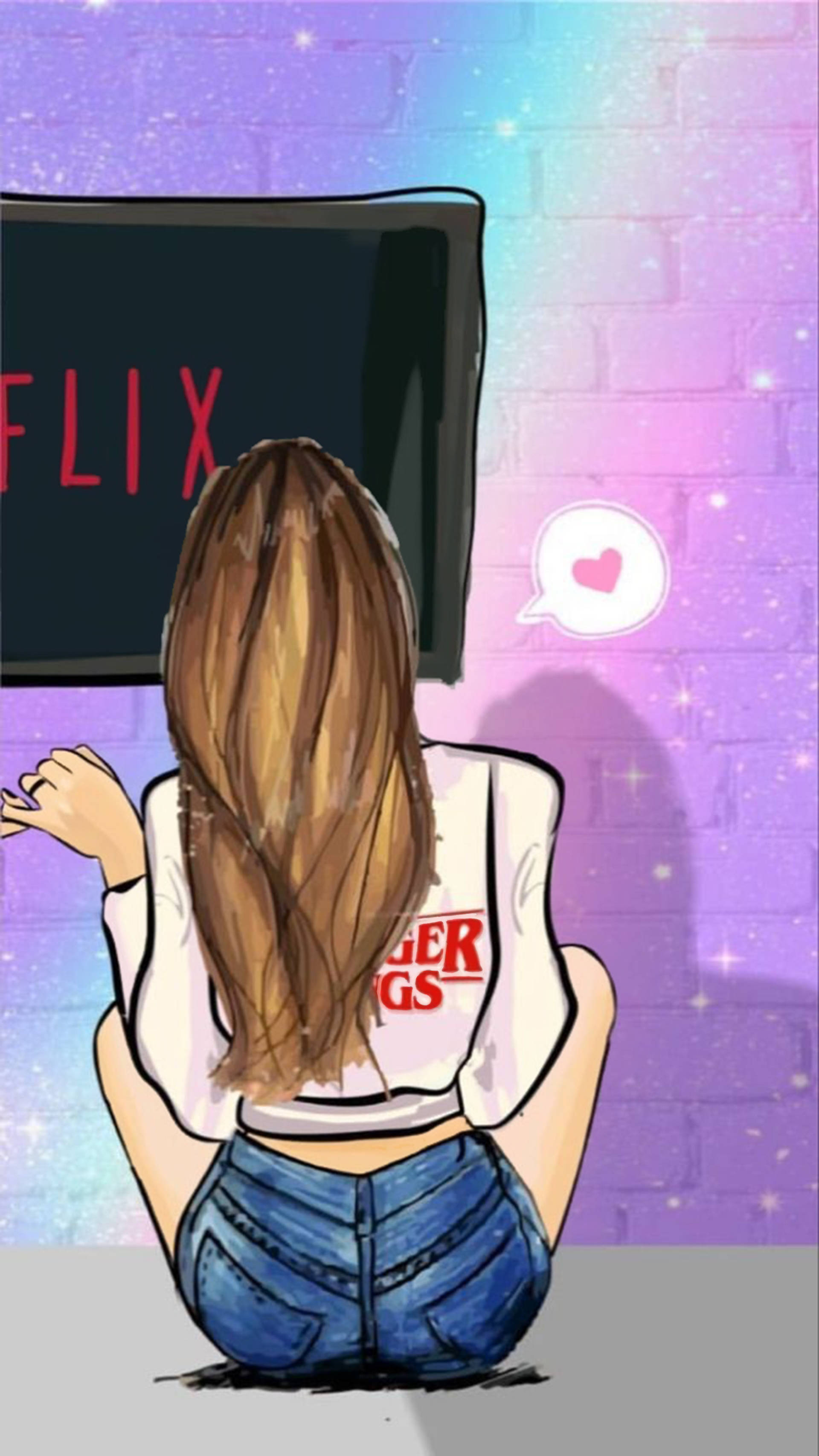 「許下盟約」長髮女孩觀看Netflix 壁紙 — 一個長長啡色頭髮的女孩盤腿坐著，在閃閃發光的紫色磚牆前看電視上的Netflix。