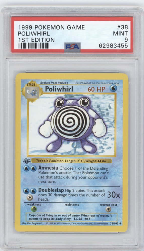評級版波利鯨卡牌 壁紙 — 一張1999年第一版嘅Poliwhirl Pokémon卡，裝喺PSA評級 mint 9 嘅保護殼入面。