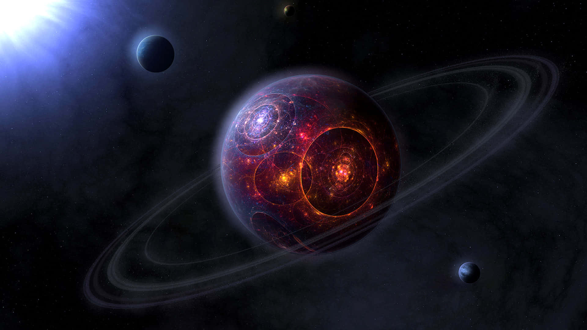 深空中帶有發光環和星雲的熾熱行星。