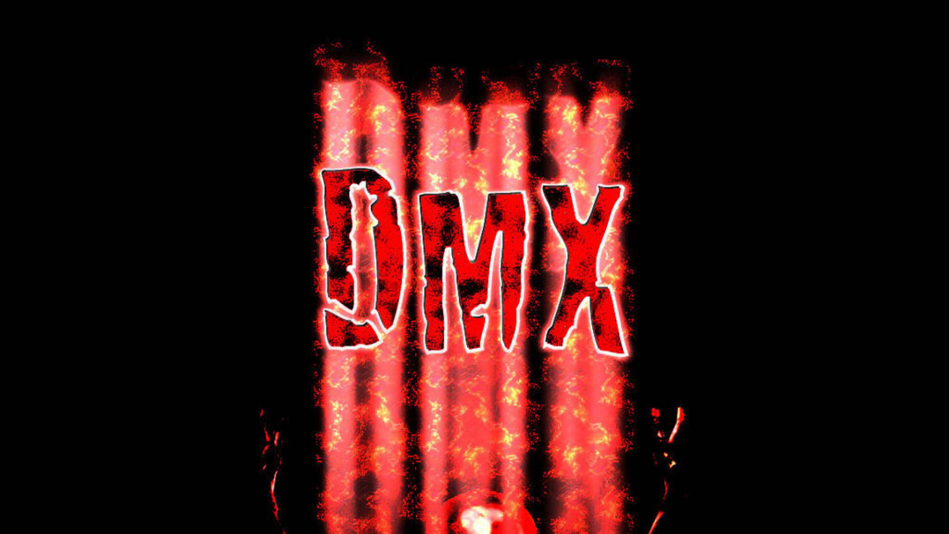 火紅色的 DMX 文字在黑色背景上發光，帶有火焰效果。