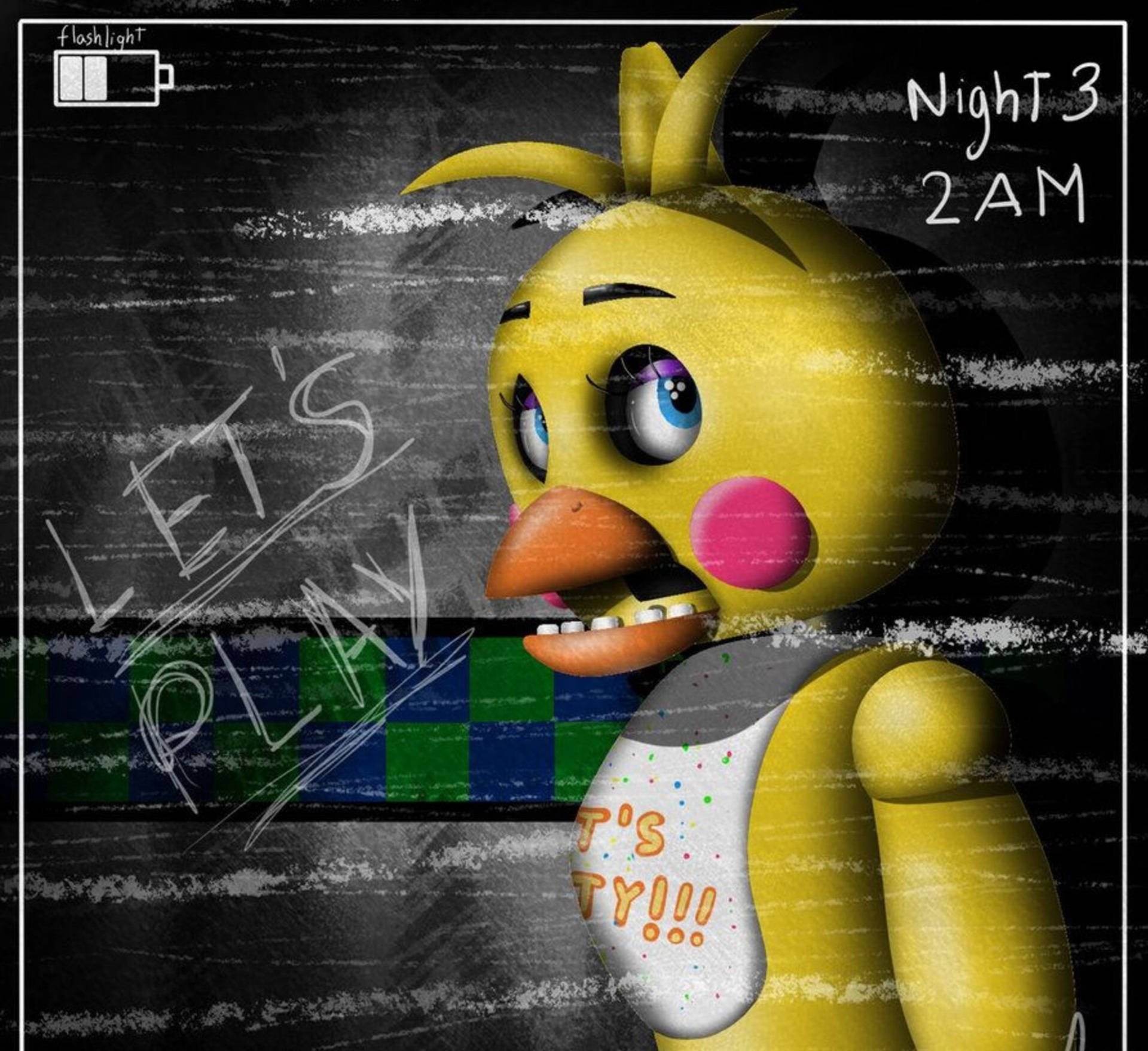 一隻黃色嘅動畫雞，有大眼睛同笑容，喺一個黑暗嘅屏幕上顯示「Night 3 2AM」同「LET'S PLAY」。