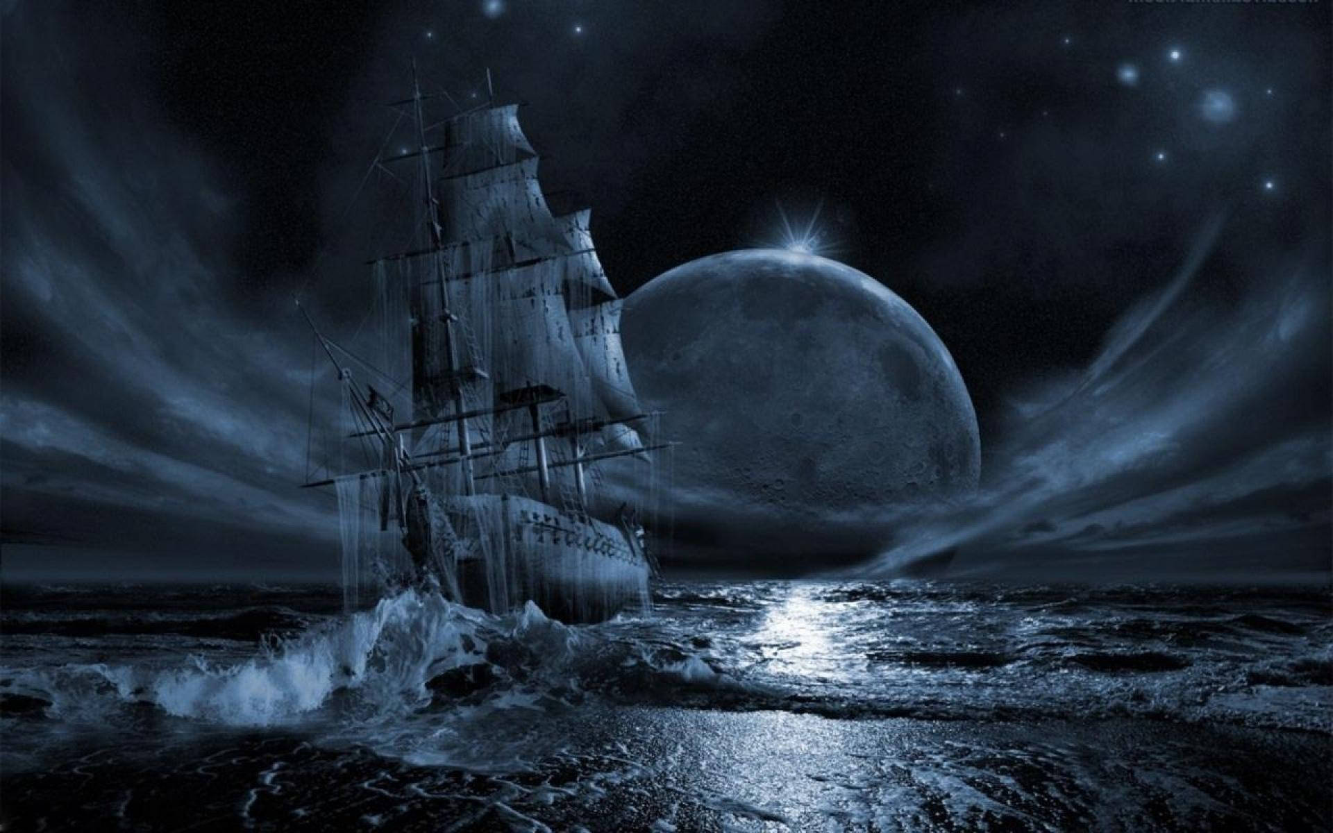 詭異幽靈海盜船 壁紙 — 一艘幽靈帆船在深藍色夜空下，與巨大發光的月亮搏鬥著洶湧的大海。
