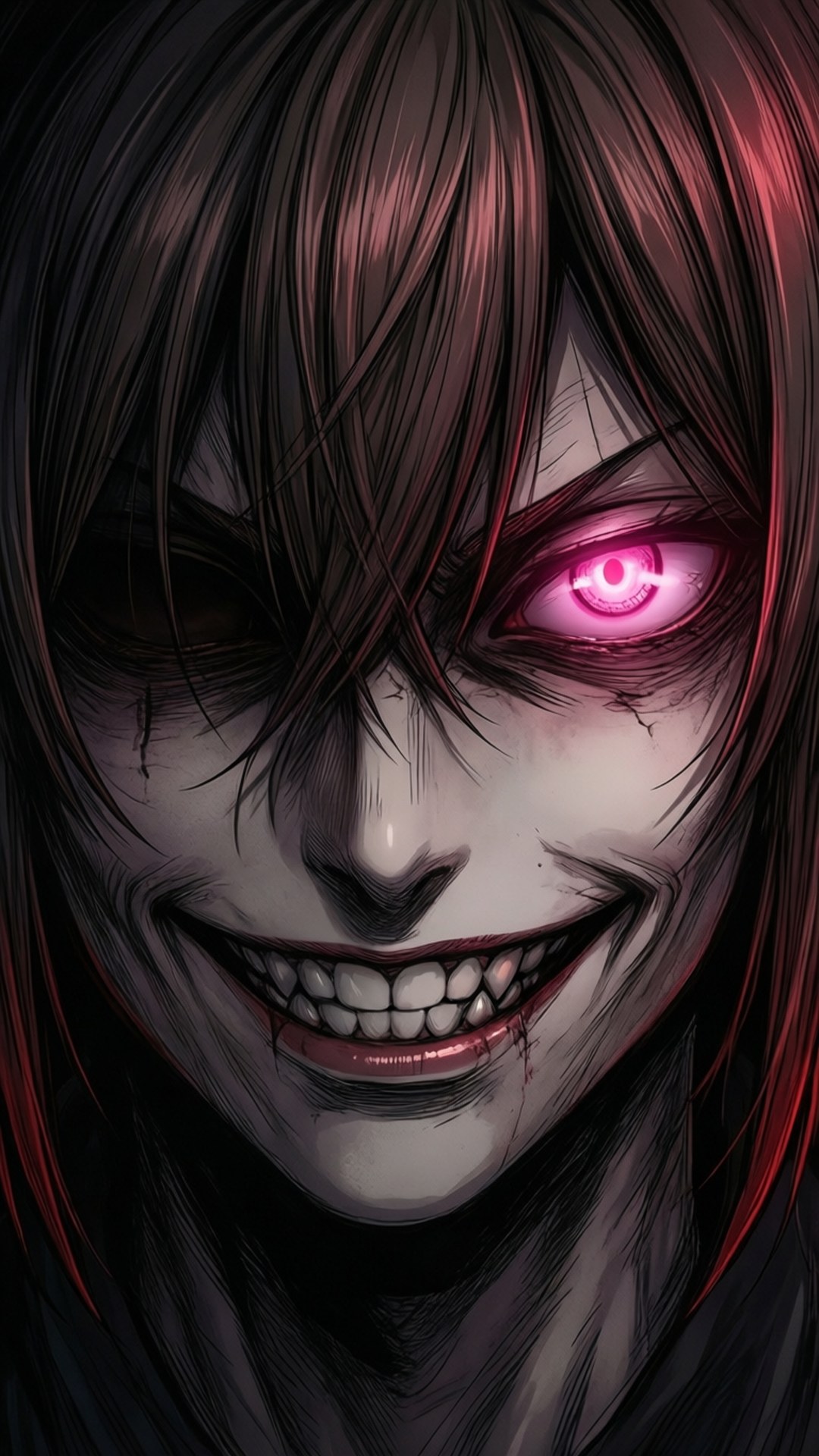 動畫角色，發光粉紅色眼睛和邪惡笑容