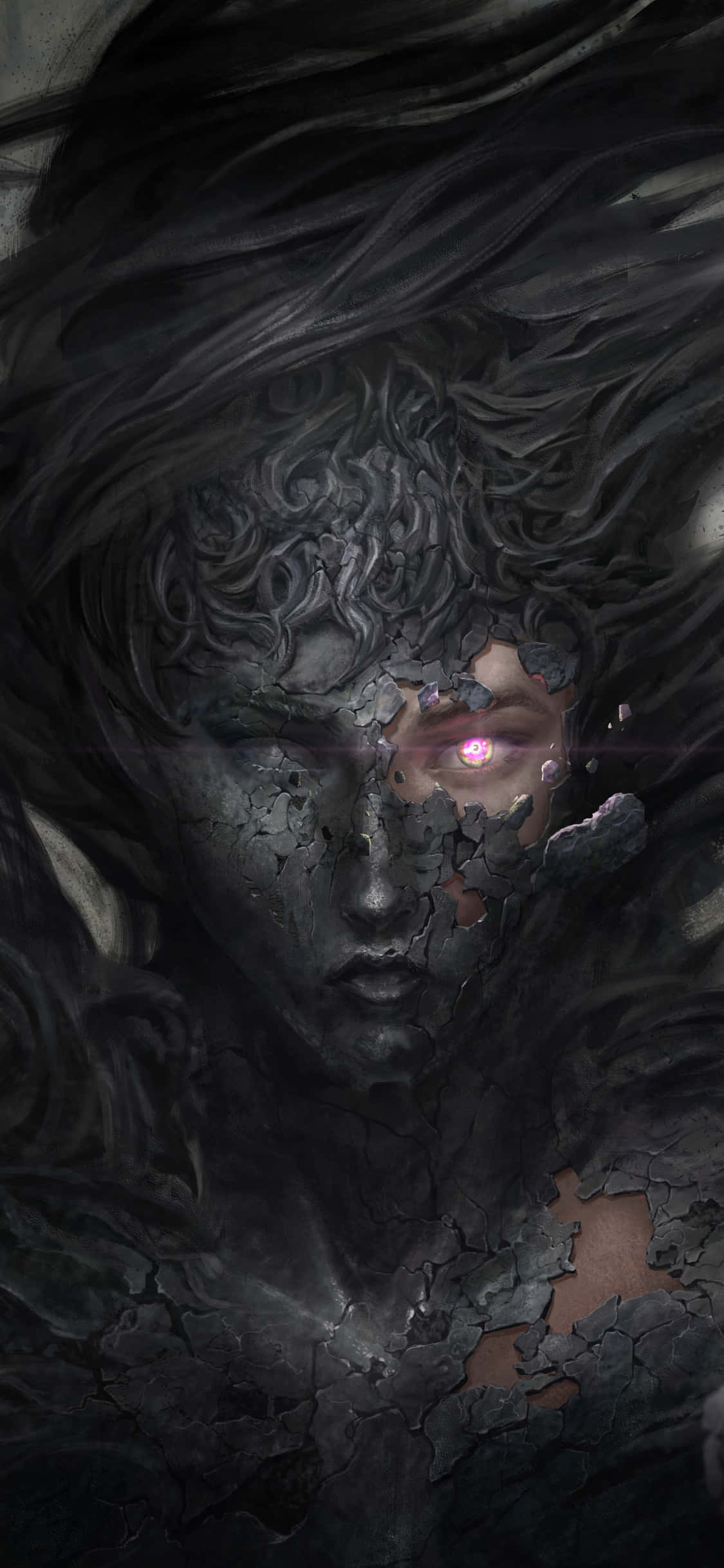 詭異惡魔 iPhone 壁紙 — 一個令人難忘的數碼肖像，描繪一位擁有深色龜裂皮膚和發光粉紅色眼睛的女性，周圍環繞著旋轉的黑髮。