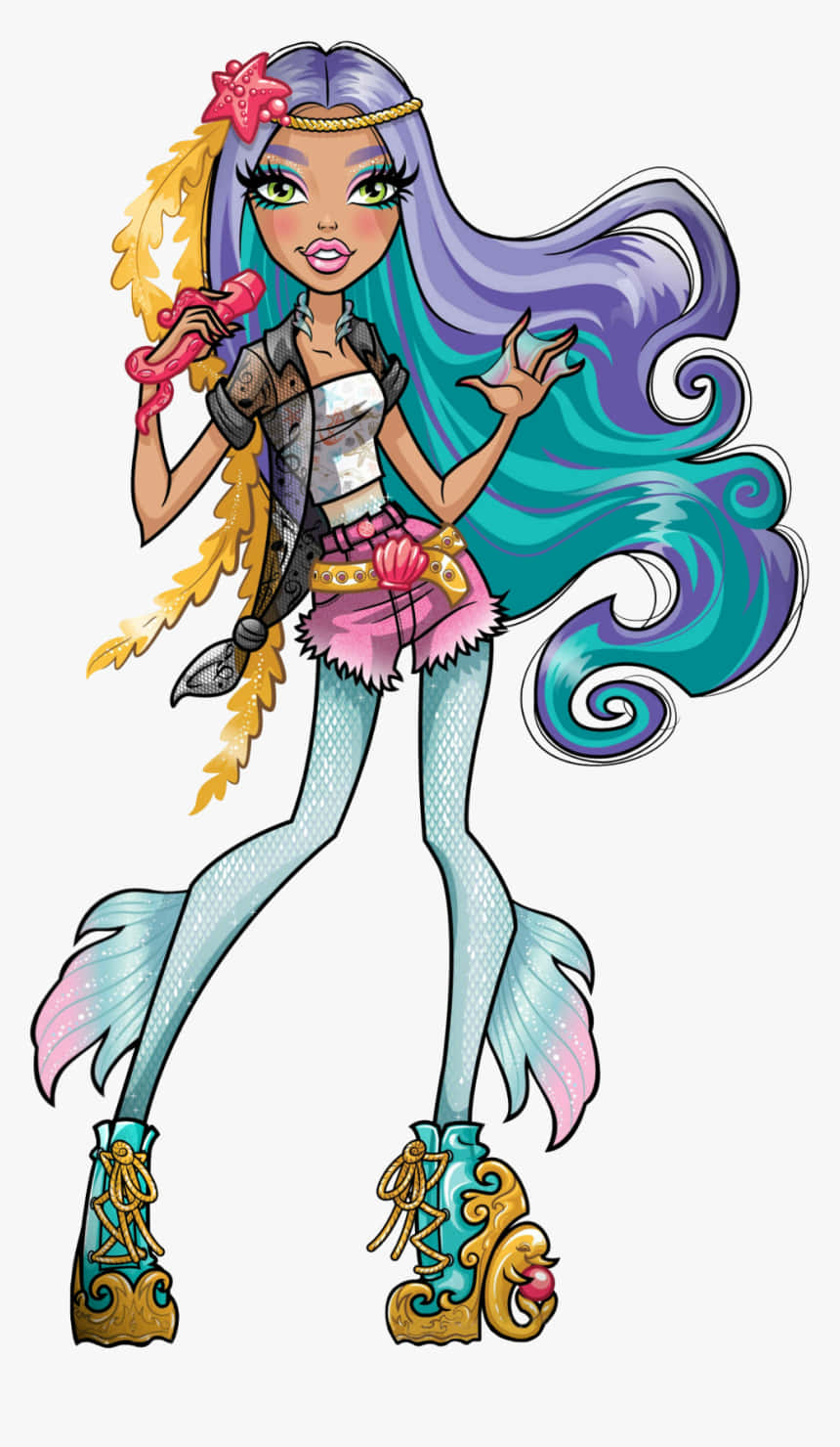 詭異時尚 Monster High 群像 壁紙 — 一個充滿活力的動漫風格美人魚女孩，擁有紫色和藍綠色頭髮，拿著粉紅色手機擺姿勢。