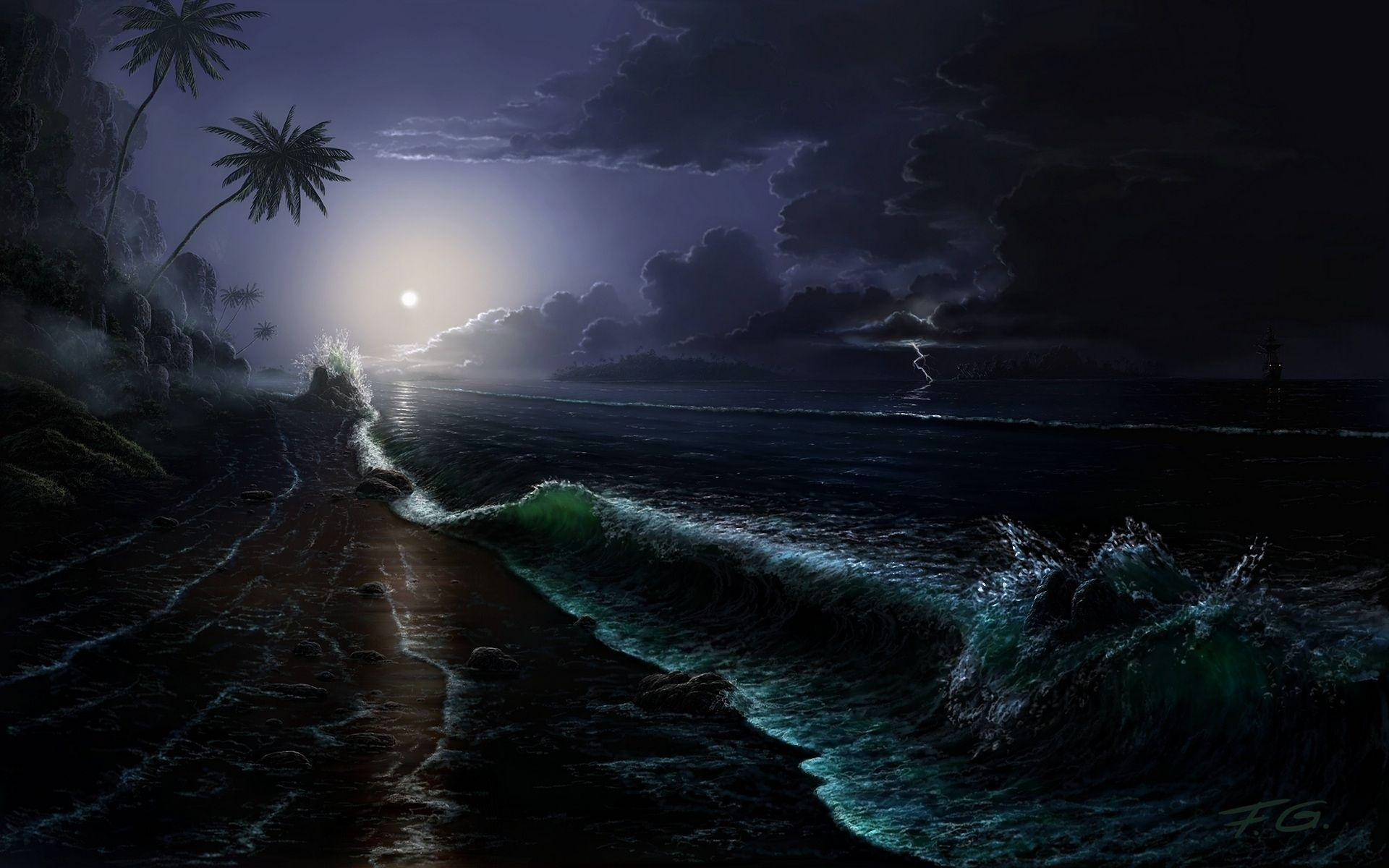 月光下的熱帶海灘，夜晚有破碎的波浪和暴風雲。