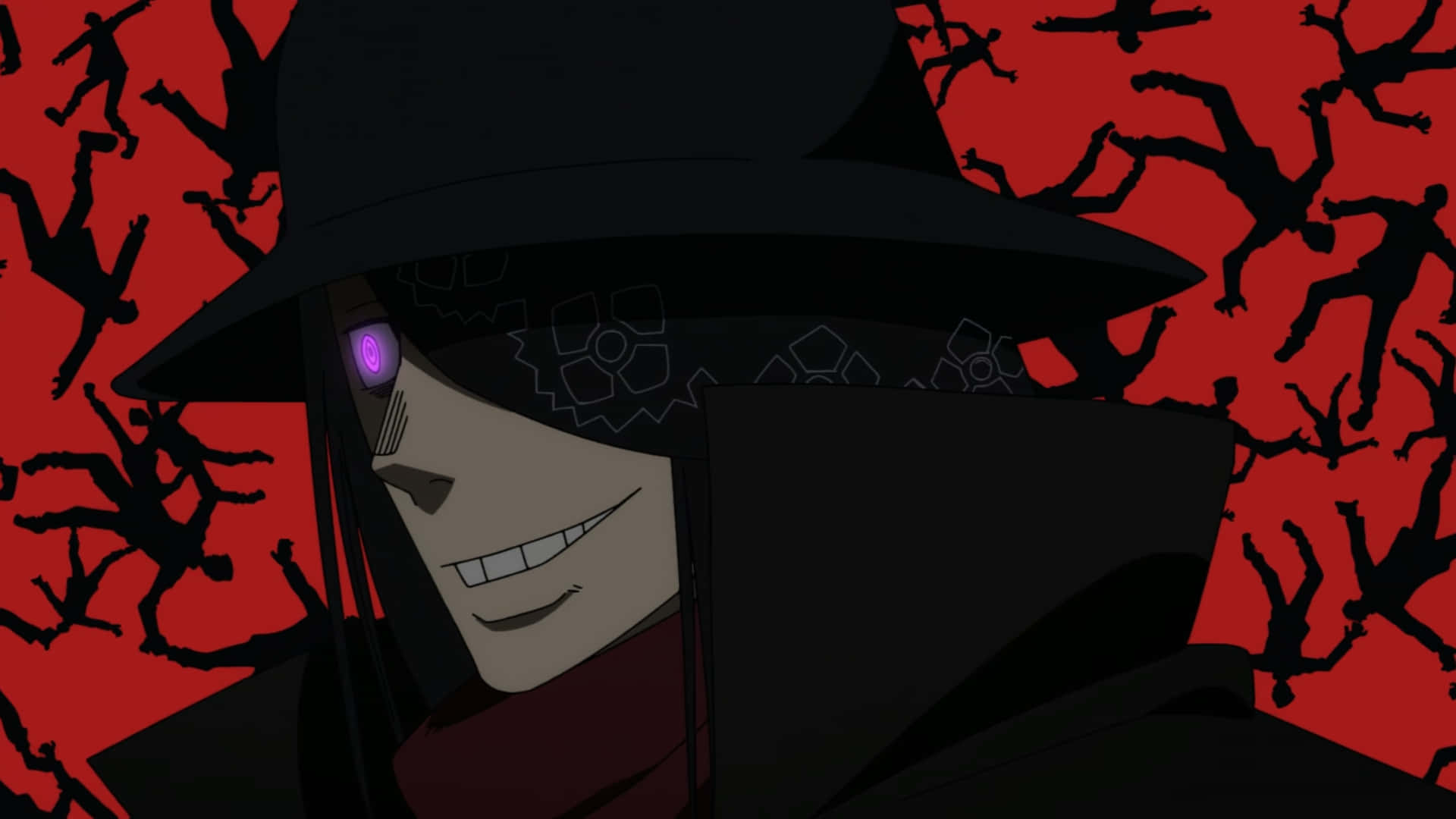 詭異版《炎炎消防隊》賈克 壁紙 — 一個邪惡的動漫角色，戴著黑色帽子，發光的紫色眼睛，在充滿墜落黑色剪影的紅色背景前微笑。