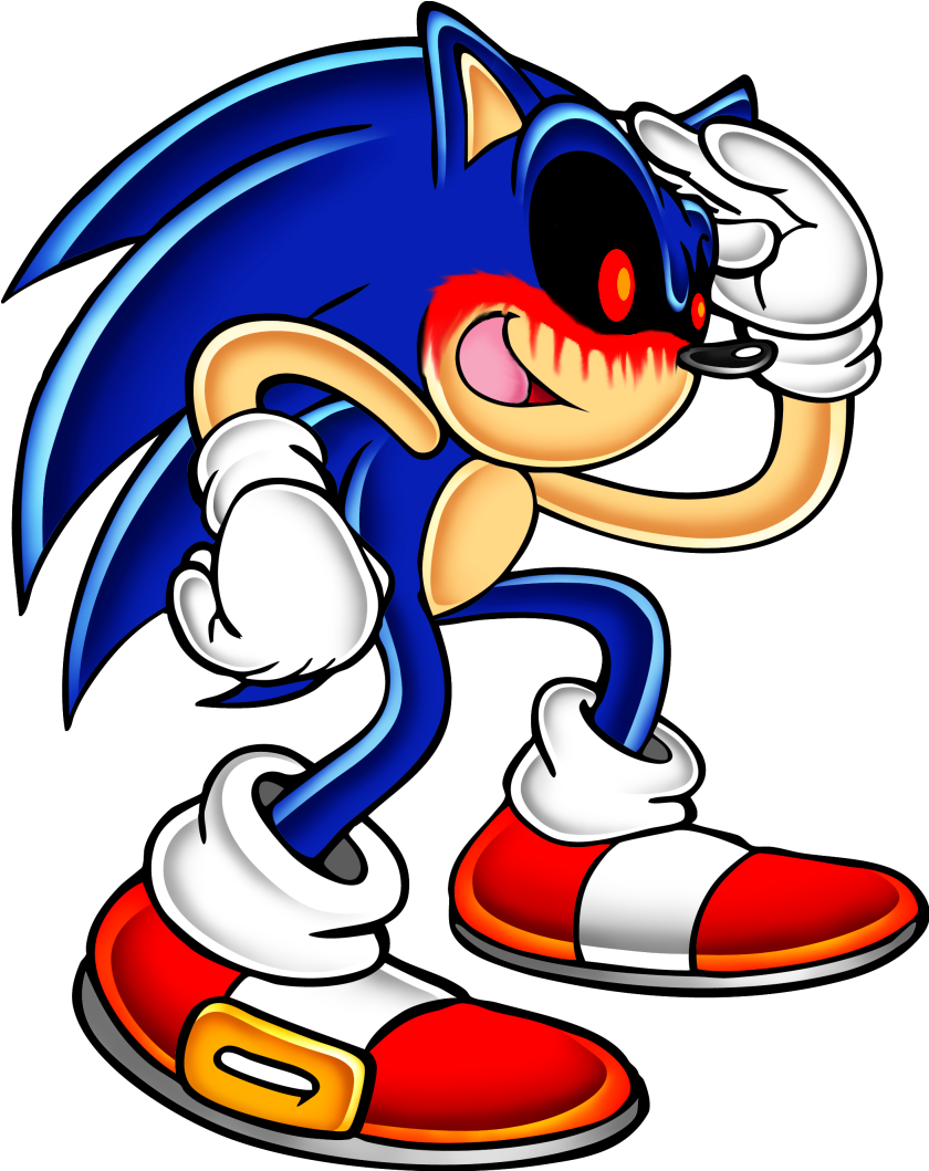 詭異版索尼克插畫 壁紙 — 擁有發光紅眼和尖銳牙齒的Sonic the Hedgehog在黑色背景前擺出威脅姿勢。