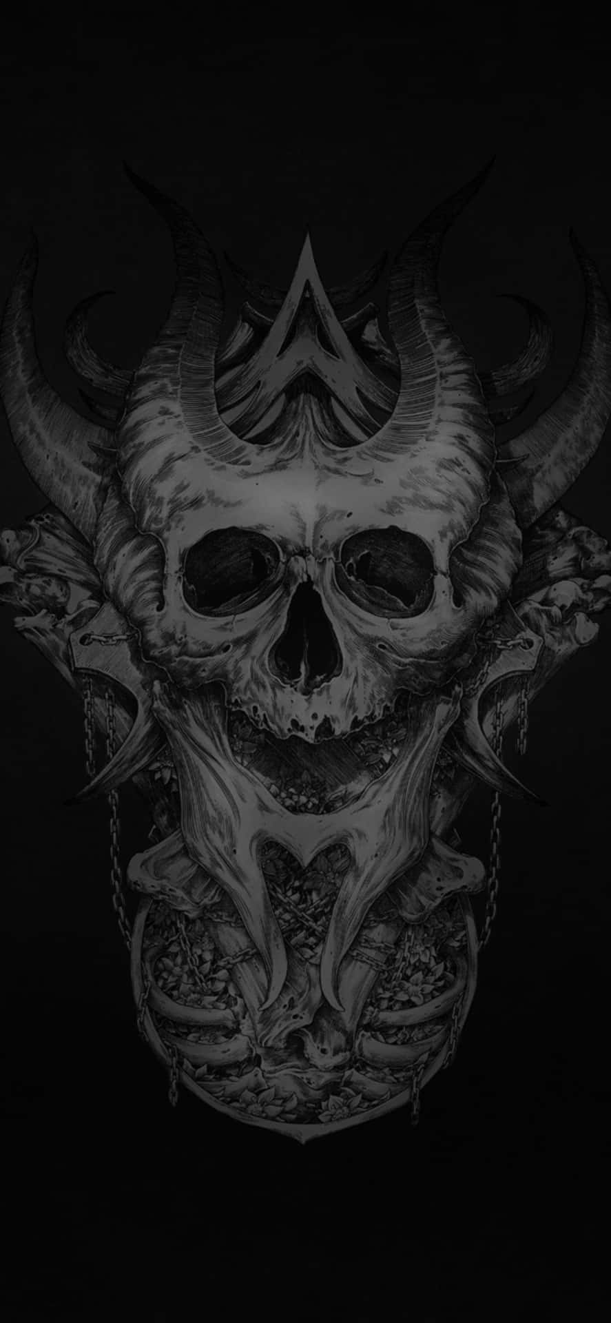 一個在黑暗黑白插圖中帶有角和鎖鏈的惡魔頭骨。
