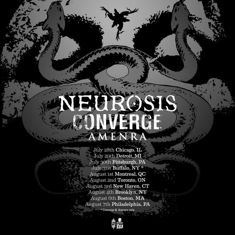 為 Neurosis 和 Amenra 巡演設計的垃圾搖滾風格演唱會海報，帶有盤繞的蛇和惡魔般的人物。