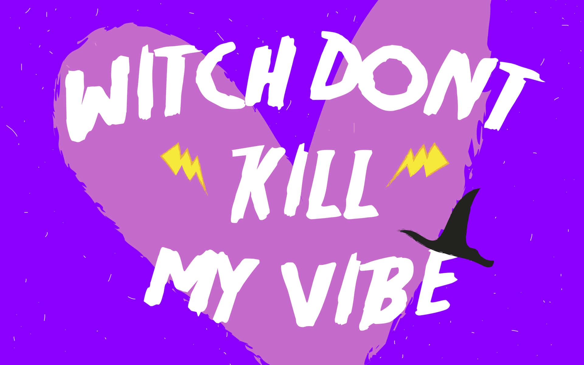 Witch don't kill my vibe 文字圖案，帶有紫色心形和女巫帽。