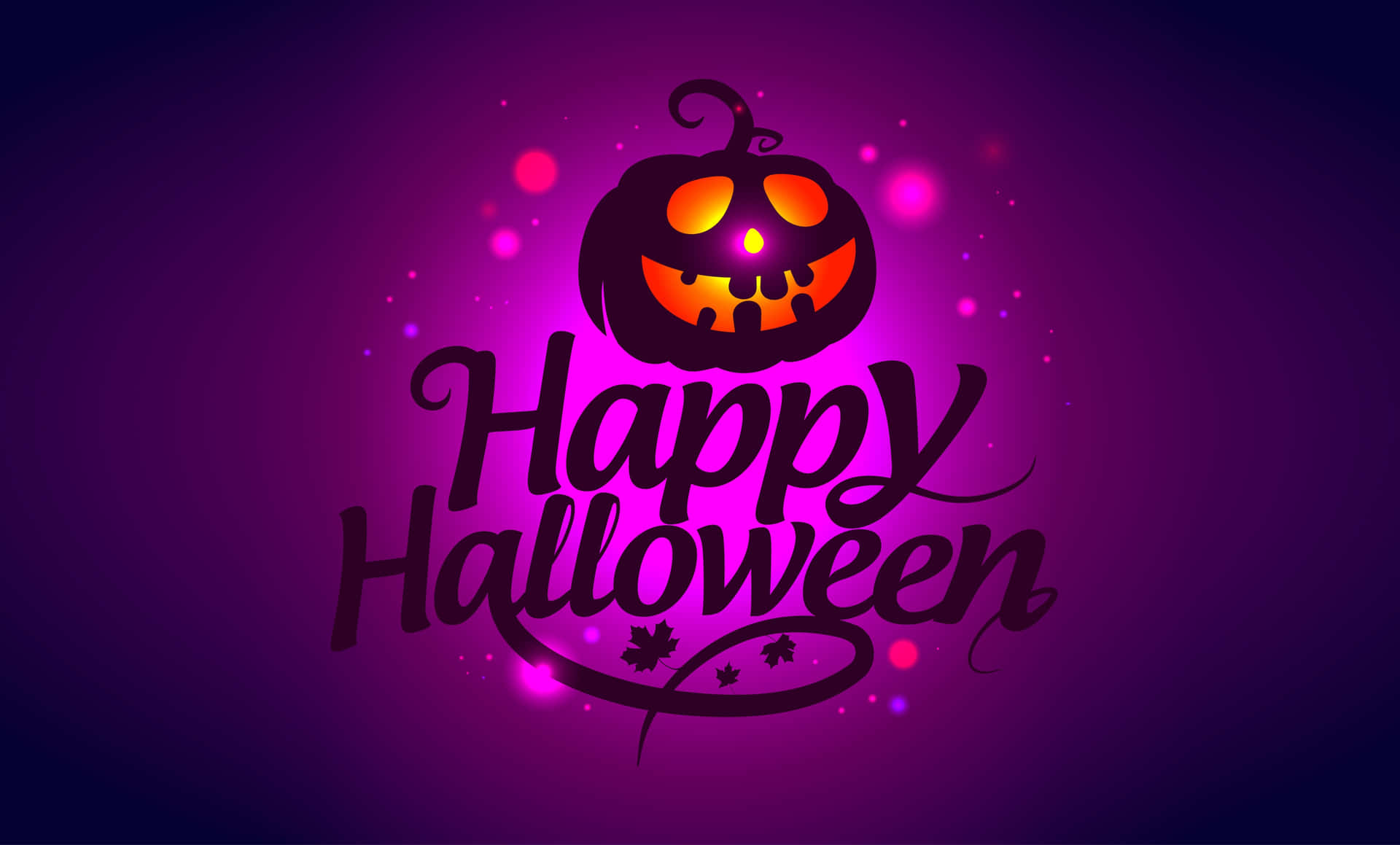 紫色背景上帶有發光南瓜燈籠和閃爍效果的Happy Halloween文字。