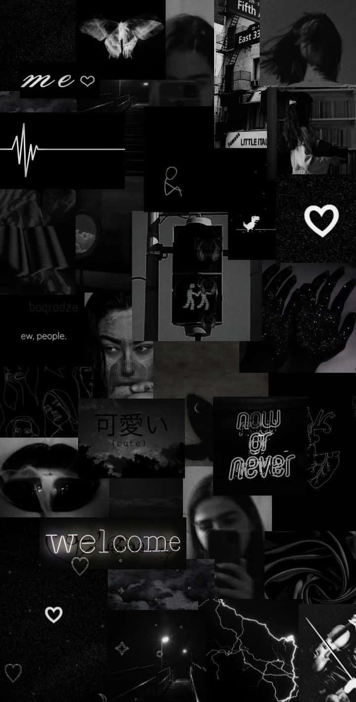 詭異而優雅的深色背景 壁紙 — 一張充滿情緒的黑白拼貼畫，由零碎的個人照片、文字和符號組成，營造出懷舊的數位剪貼簿美學。