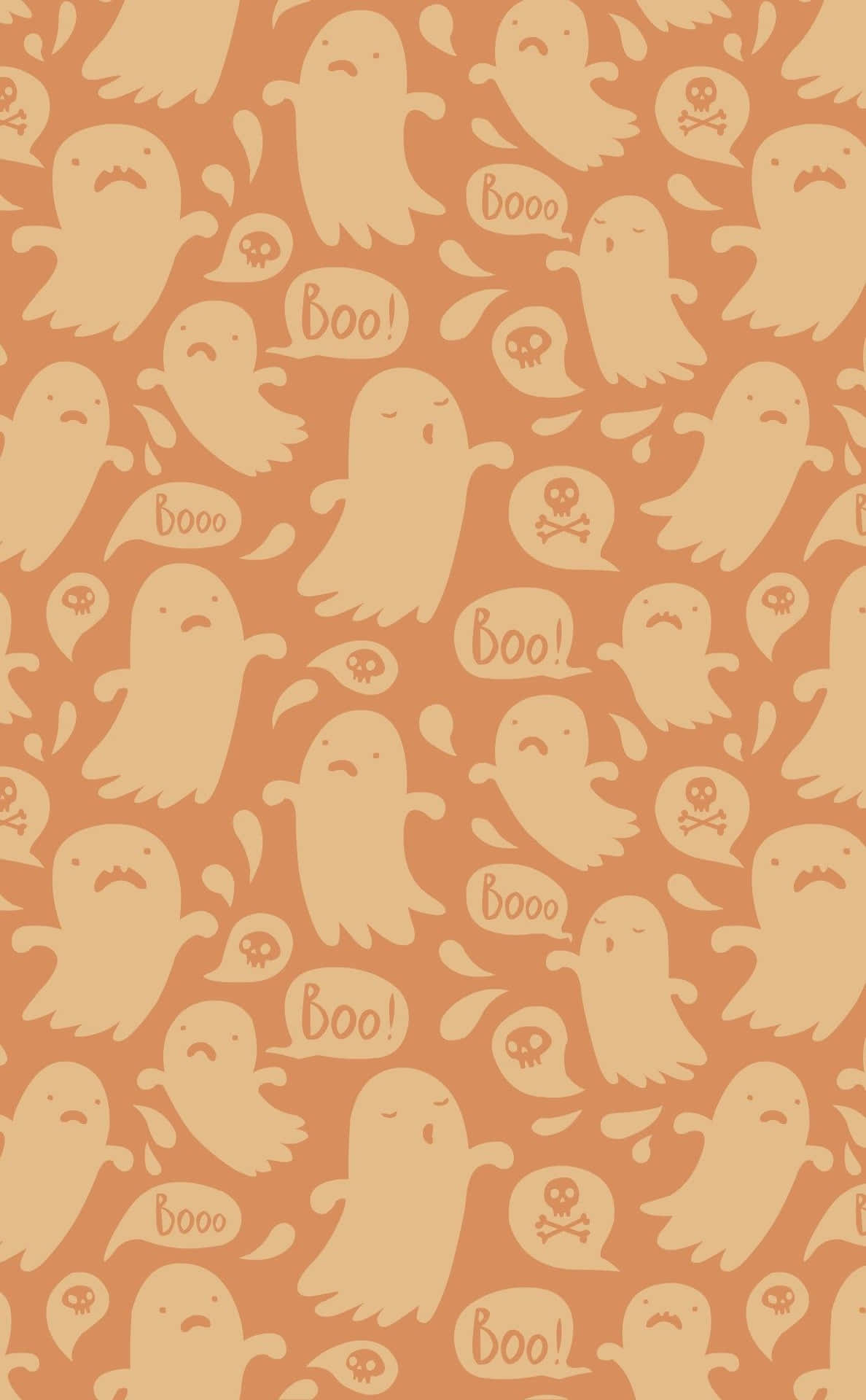 橙色背景上重複出現米色卡通鬼魂說 boo 和骷髏頭。