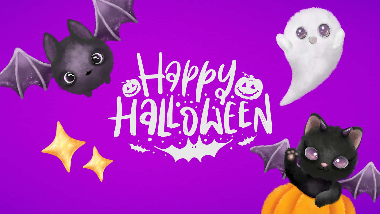 Happy Halloween 與可愛蝙蝠、鬼魂和貓咪在紫色背景上