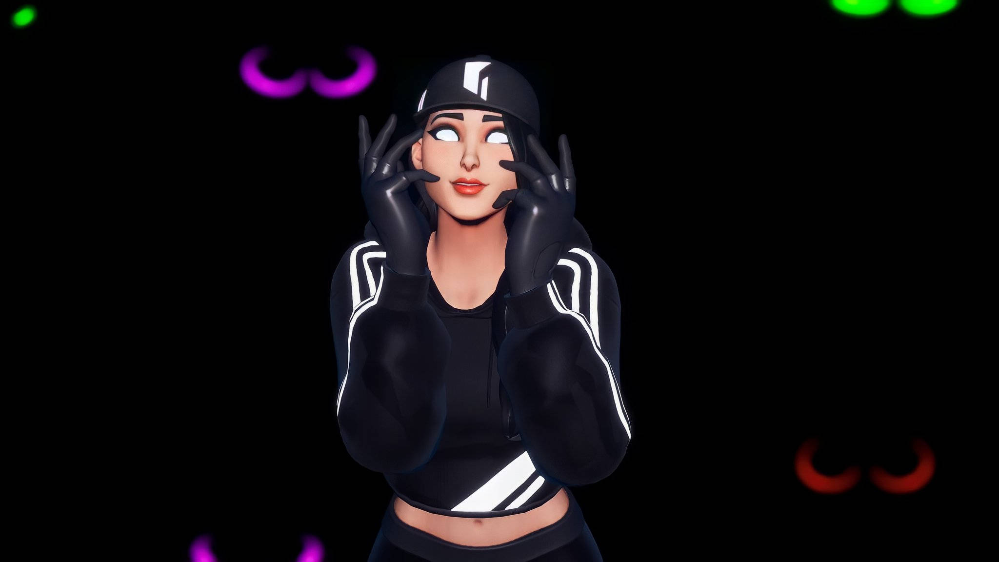 詭異陰影 Ruby《Fortnite》插畫 壁紙 — 一個風格化的動漫女孩，身穿黑色運動裝備，發光的霓虹眼睛和雙手框住她的臉，背景是帶有彩色抽象燈光的黑暗背景。
