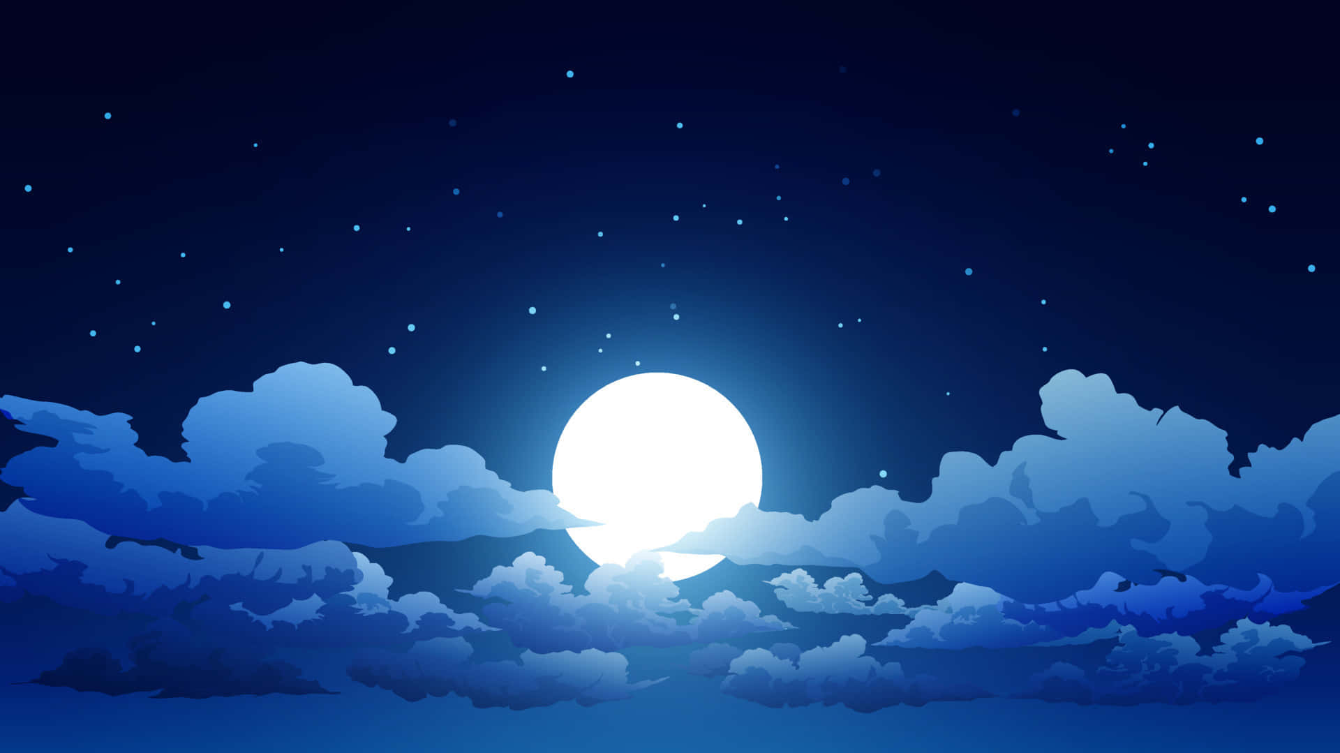 滿月在繁星點點的夜空雲層後發光。