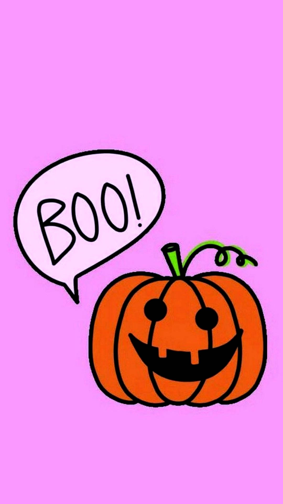 一個微笑的橙色南瓜，對話框寫著「BOO!」。