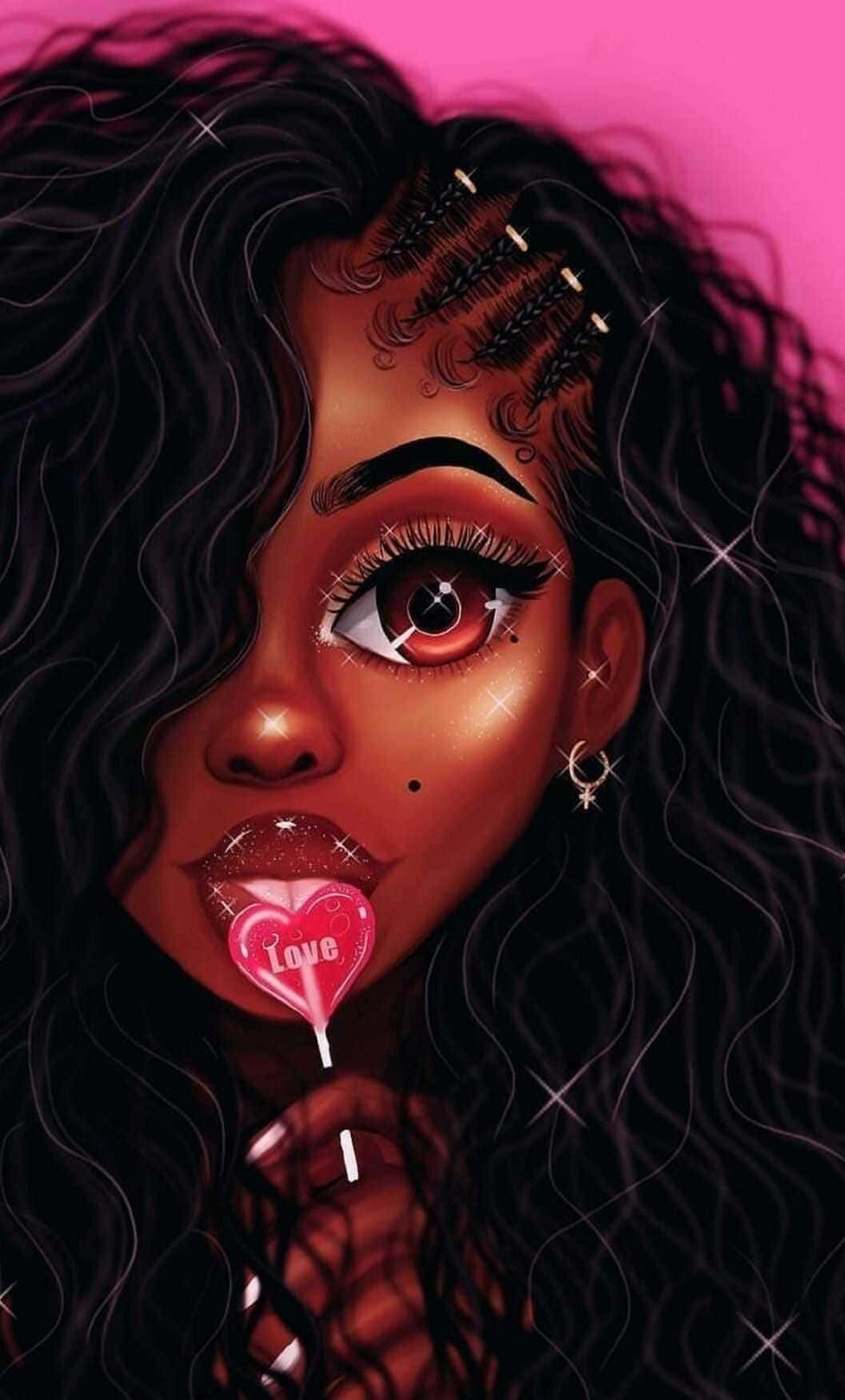 詮釋黑人女孩魔法的精髓 壁紙 — 一個風格化的數碼肖像，描繪一位擁有深色捲髮和閃爍眼睛的女性，在充滿活力的粉紅色背景前，手持一個標有「愛」的粉紅色心形棒棒糖。