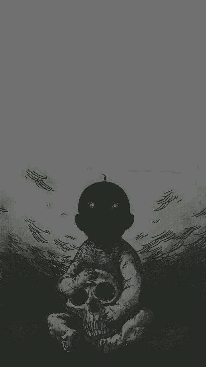 在黑暗單色插圖中，一個孩子在暴風雨天空下手持頭骨。