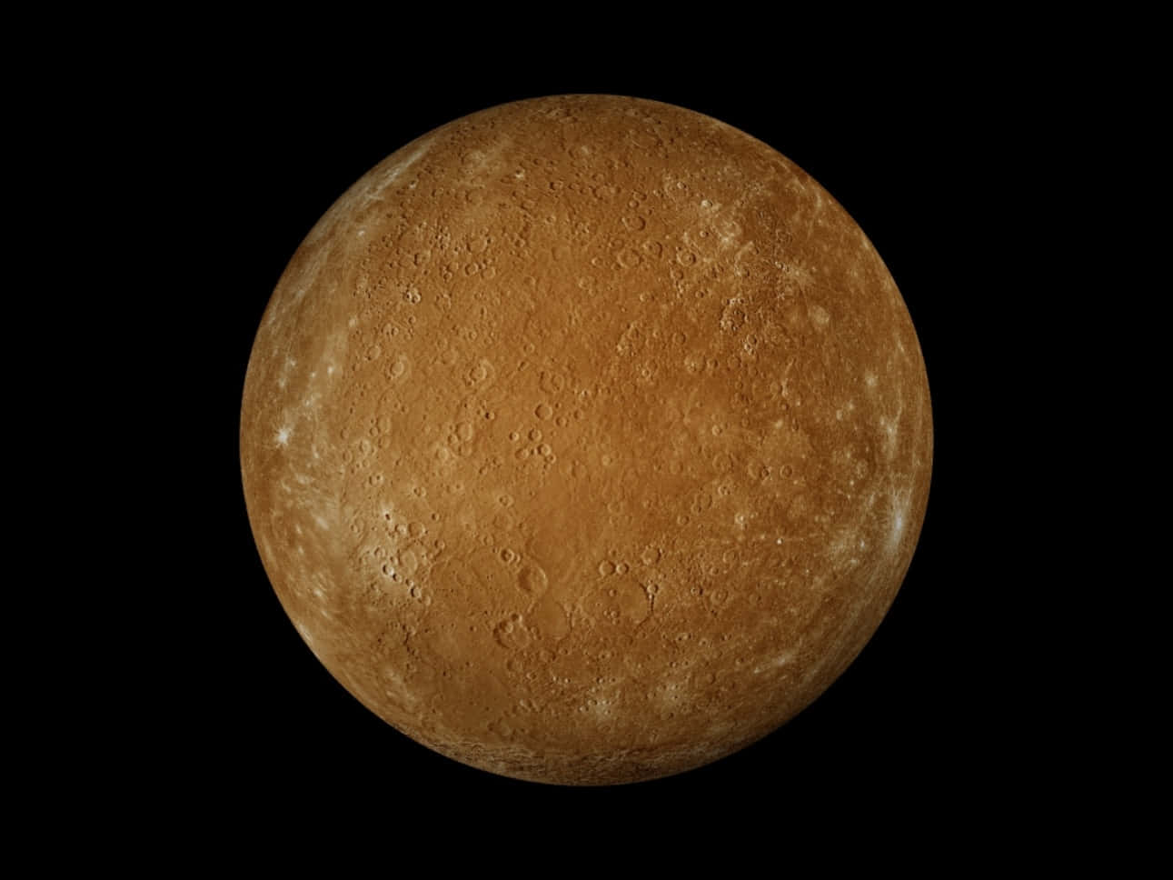 Mercury 桌布 壁紙 — 詳細展示佈滿隕石坑、鏽褐色水星行星的視圖，背景是太空的漆黑虛空。