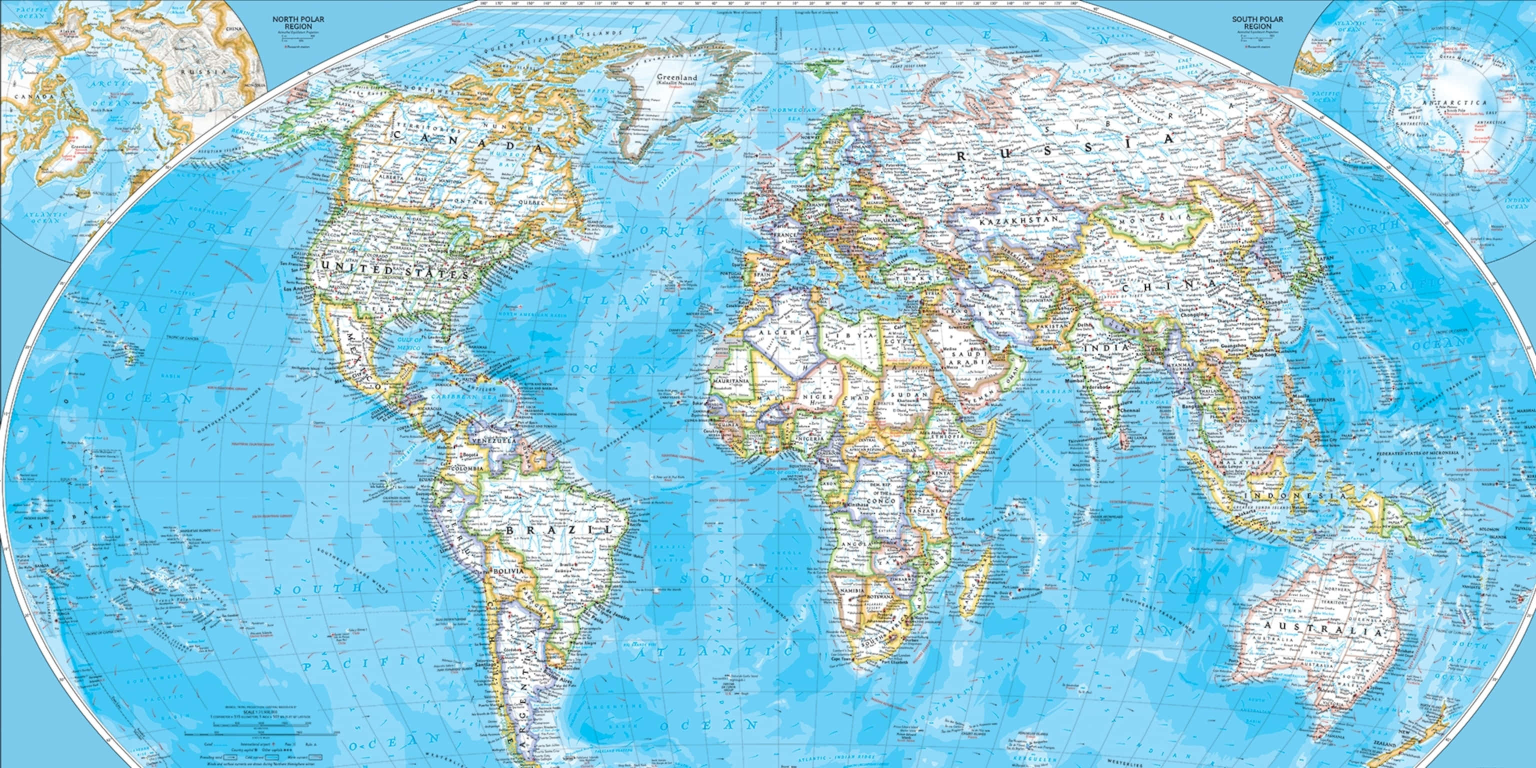 World 桌布 壁紙 — 詳細的世界地圖，藍色海洋和白色陸地以黃色和黑色勾勒出輪廓，顯示所有大陸和國家。