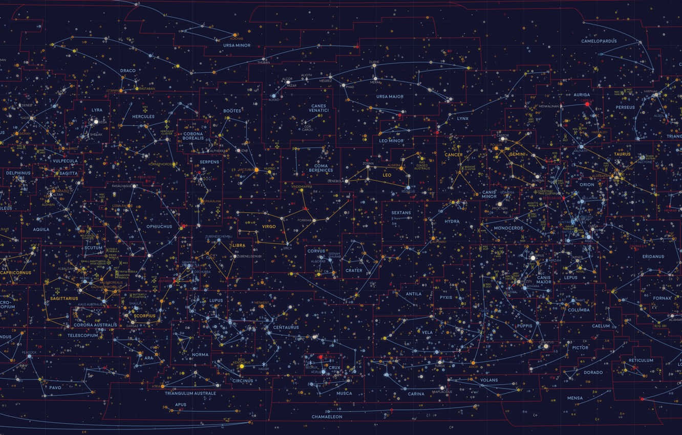 Constellations 桌布 壁紙 — 詳細的星圖，顯示星座及其名稱，背景為深海軍藍色，帶有發光的星星。