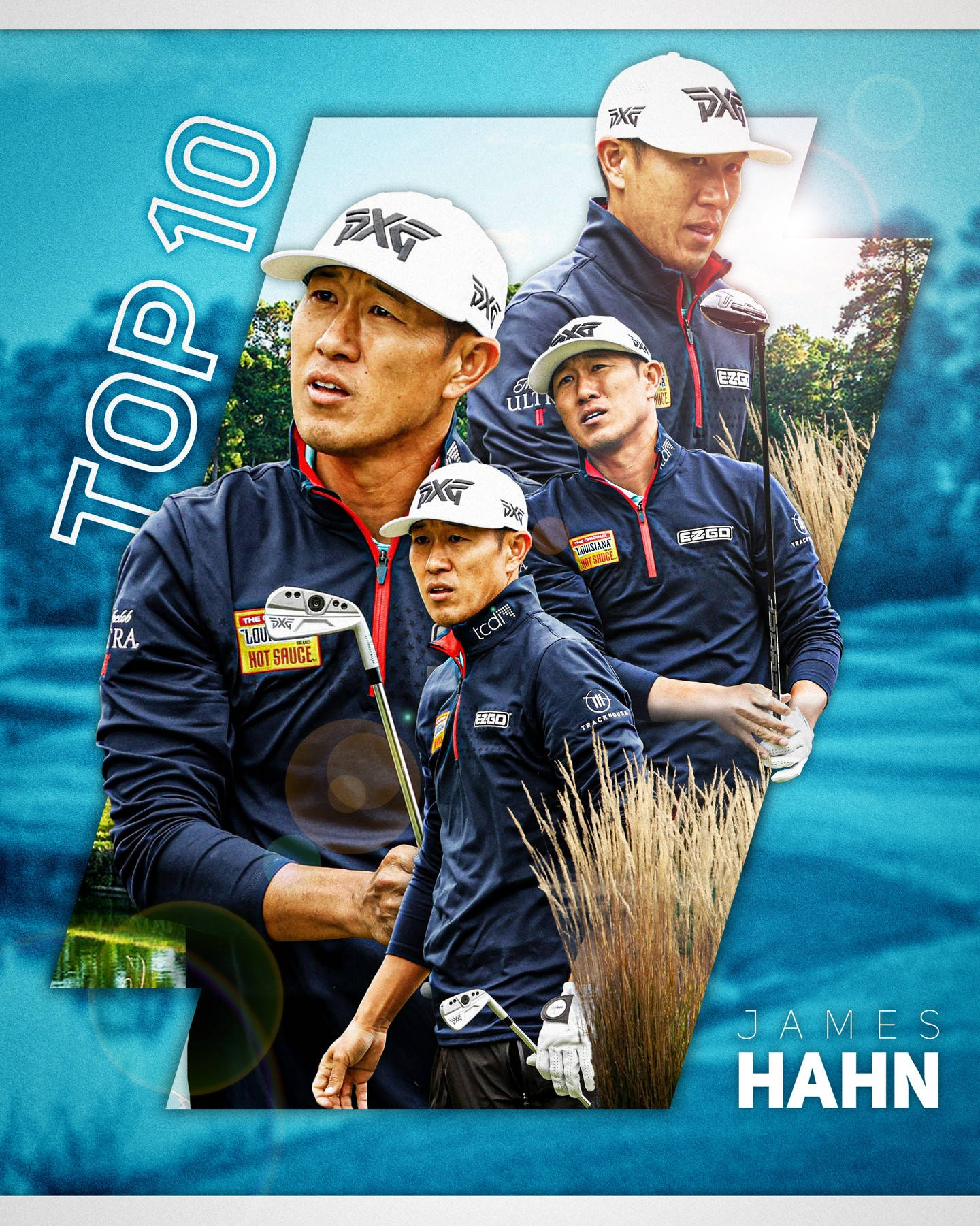 高爾夫球手 James Hahn 的多個動作鏡頭，藍色背景上帶有 'TOP 10' 文字。