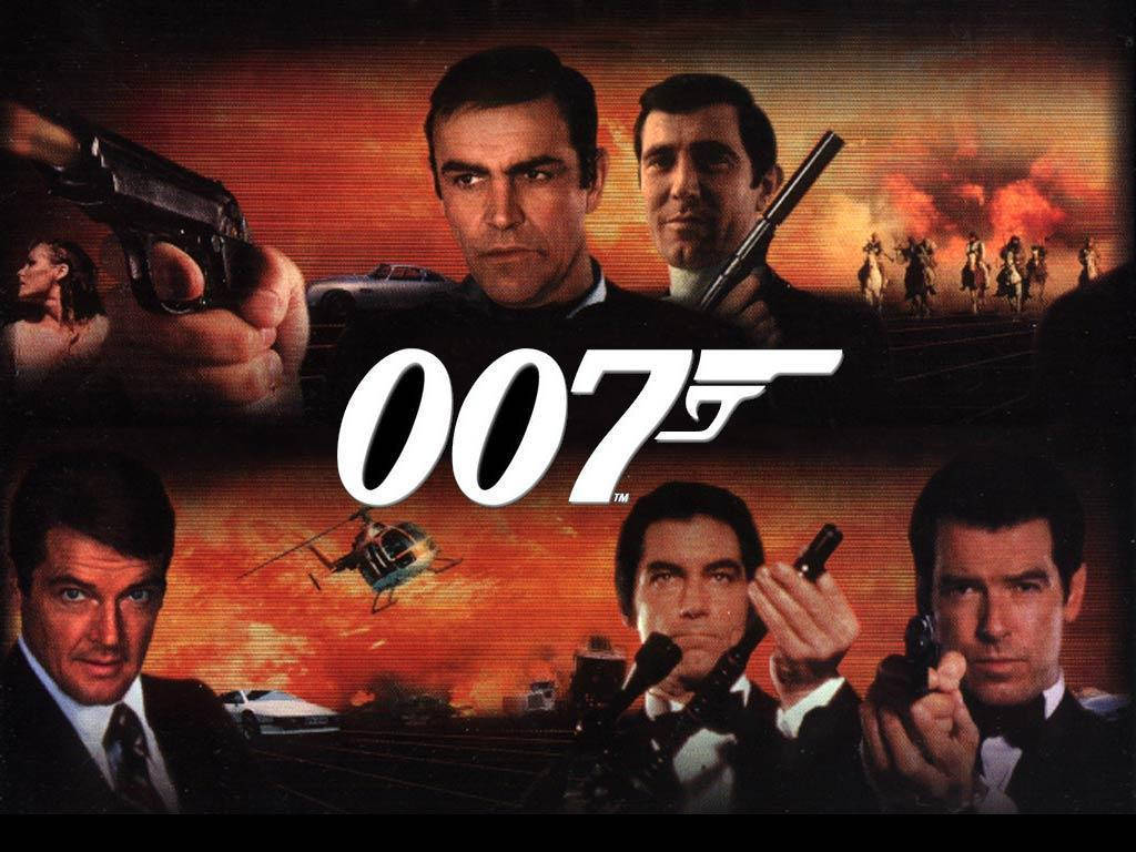 詹姆斯·邦德007標誌 壁紙 — 熾熱橙色日落背景，呈現標誌性占士邦演員持槍，直升機和汽車在行動中。